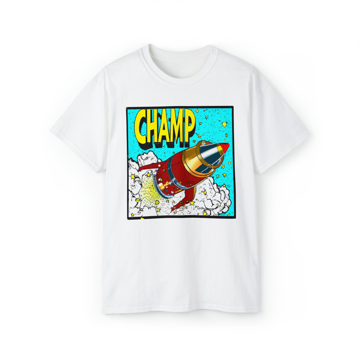 CHAMP Logo Spaceship 5 - 1700's Style Comic Art - AI Art - Gildan Ultra Cotton Tee