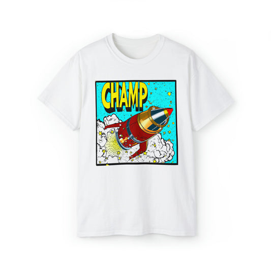 CHAMP Logo Spaceship 5 - 1700's Style Comic Art - AI Art - Gildan Ultra Cotton Tee