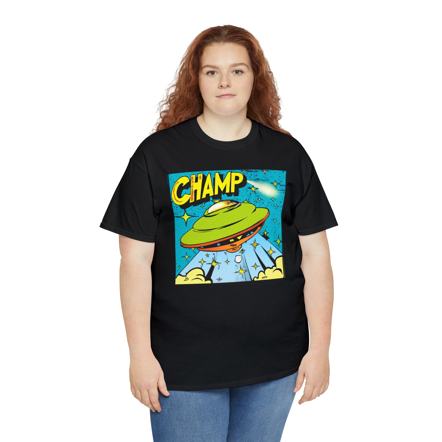 CHAMP UFO 25 - 1970's Style Comic Book Art - AI Art - Gildan Heavy Cotton Tee