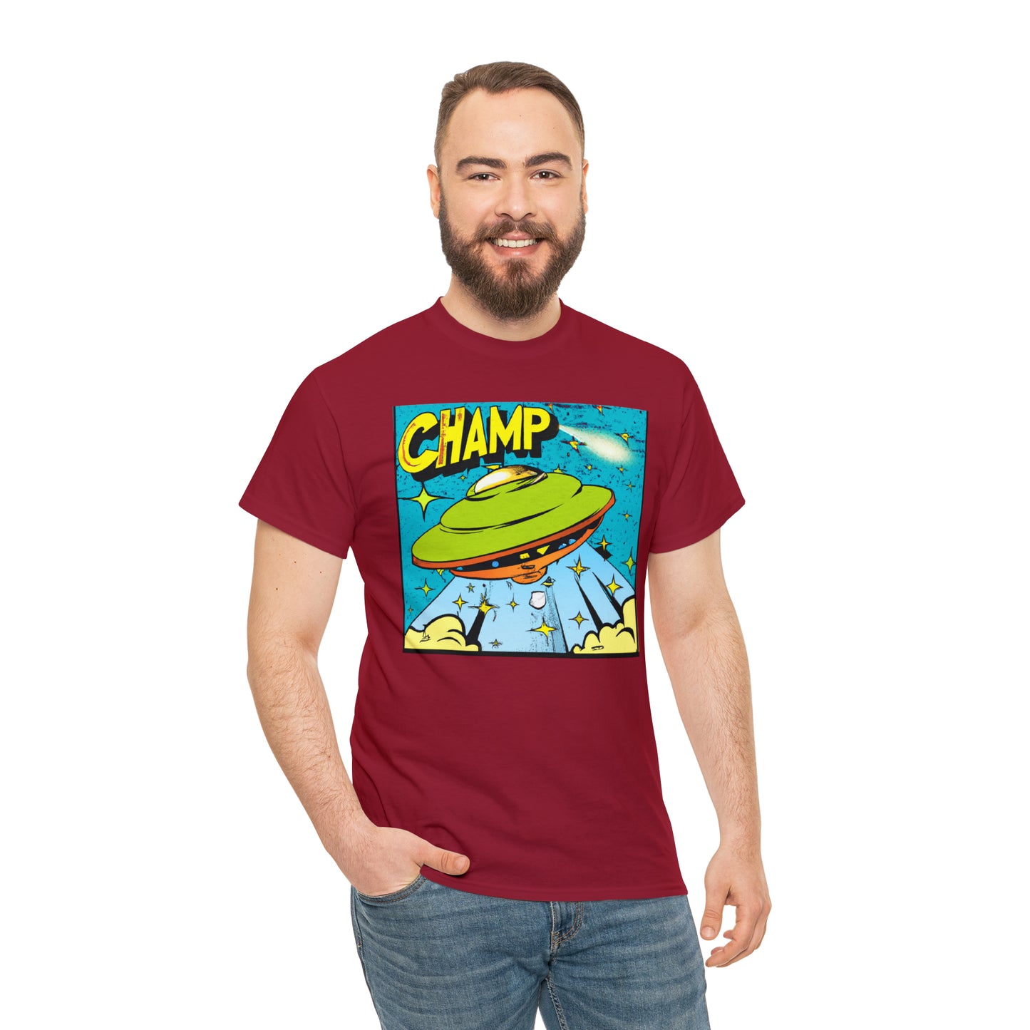 CHAMP UFO 25 - 1970's Style Comic Book Art - AI Art - Gildan Heavy Cotton Tee