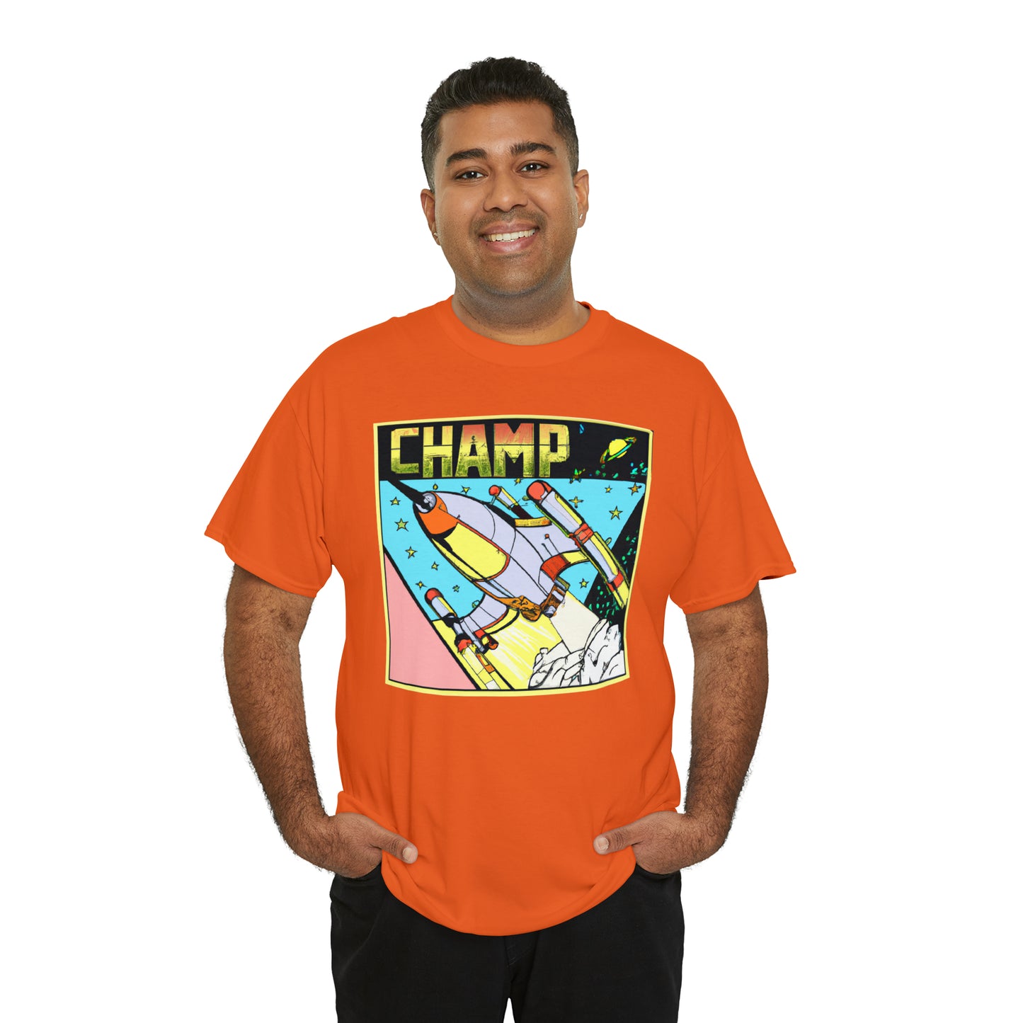 CHAMP Logo Spaceship 1 - 1980's Comic Book Style - AI Art - Gildan Heavy Cotton Tee