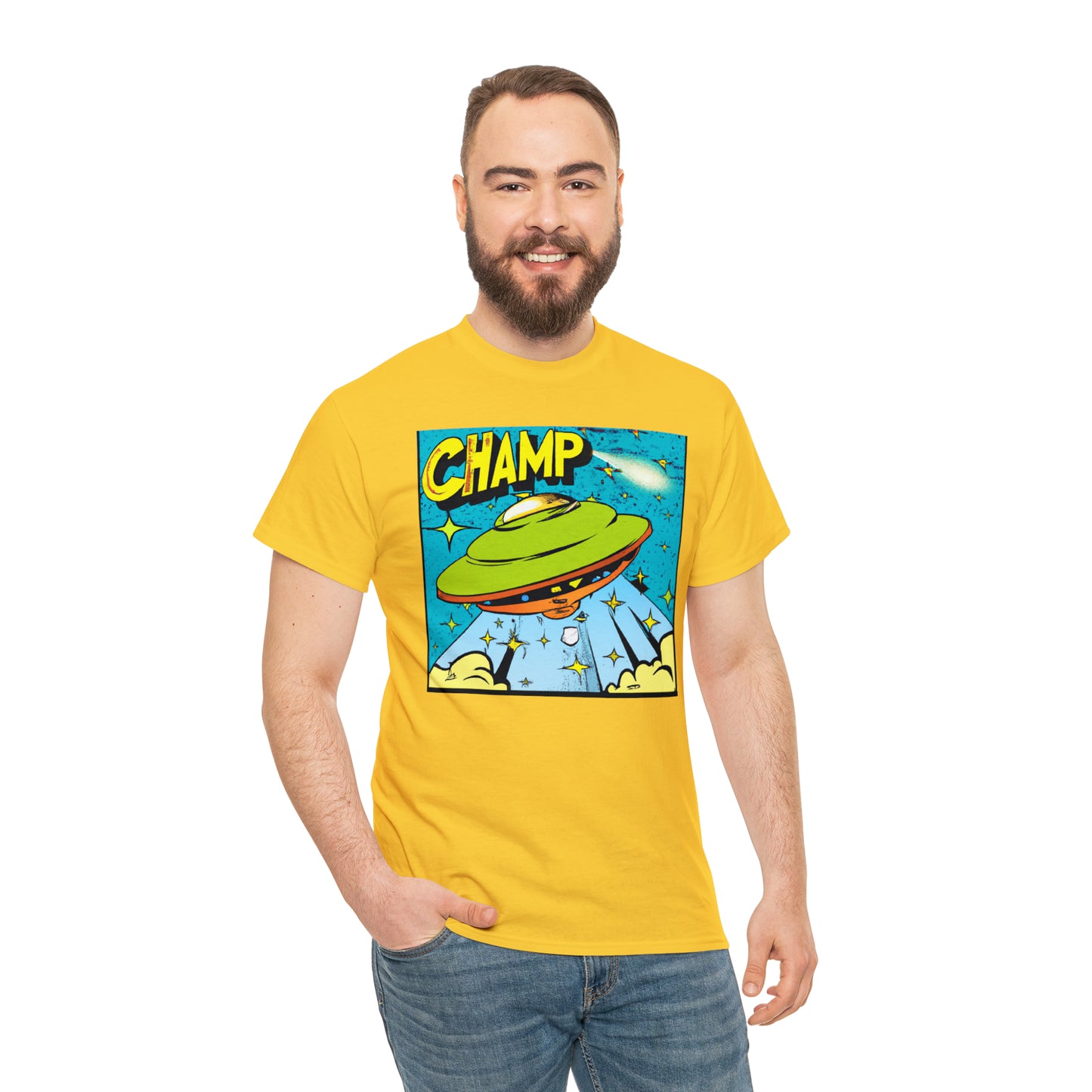 CHAMP UFO 25 - 1970's Style Comic Book Art - AI Art - Gildan Heavy Cotton Tee