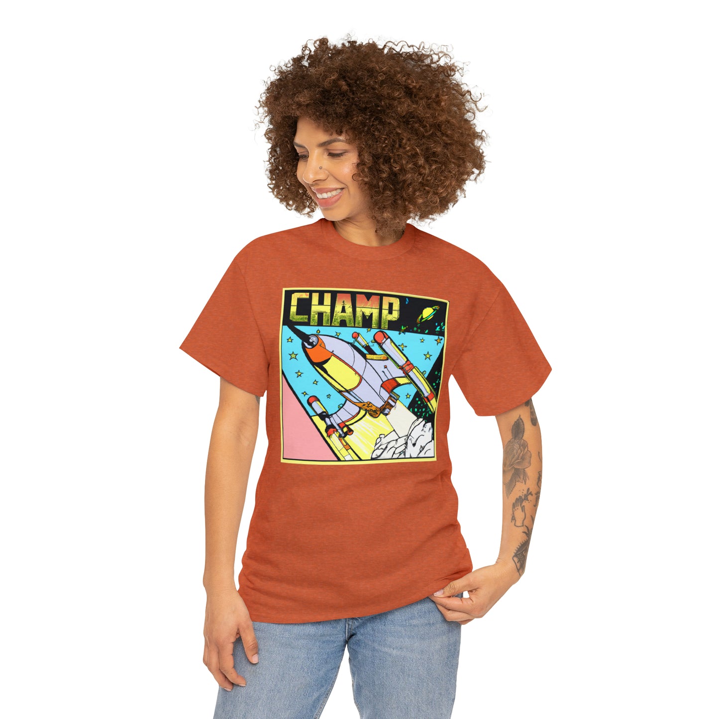 CHAMP Logo Spaceship 1 - 1980's Comic Book Style - AI Art - Gildan Heavy Cotton Tee