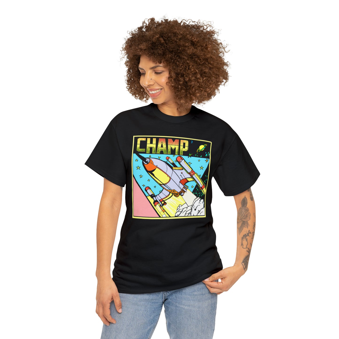 CHAMP Logo Spaceship 1 - 1980's Comic Book Style - AI Art - Gildan Heavy Cotton Tee