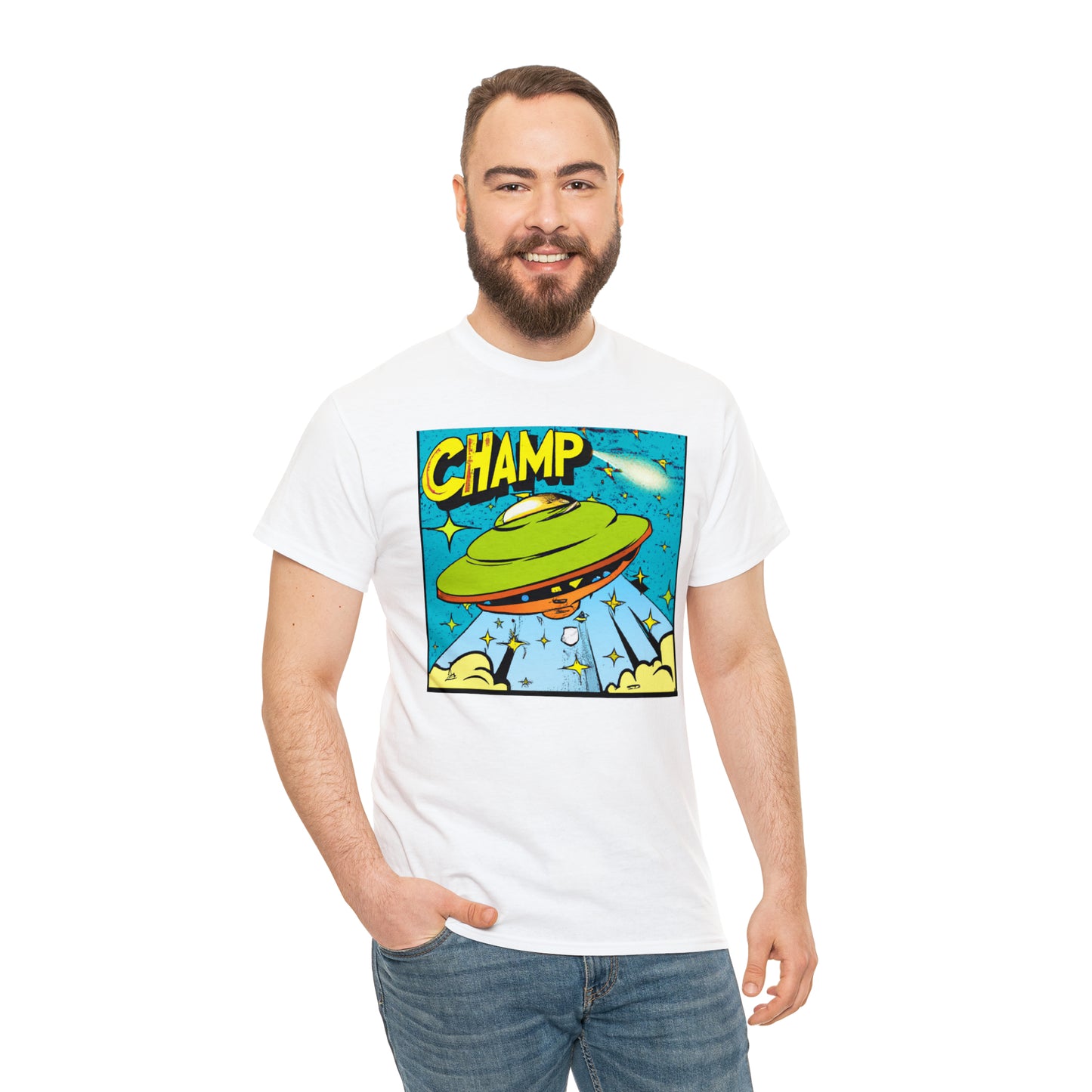 CHAMP UFO 25 - 1970's Style Comic Book Art - AI Art - Gildan Heavy Cotton Tee