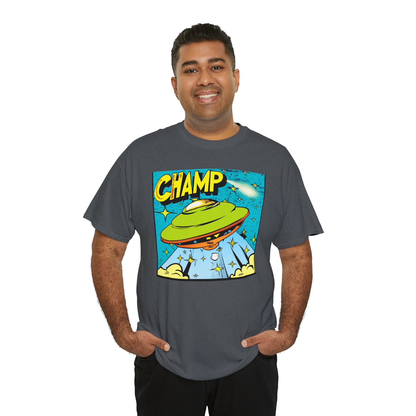 CHAMP UFO 25 - 1970's Style Comic Book Art - AI Art - Gildan Heavy Cotton Tee