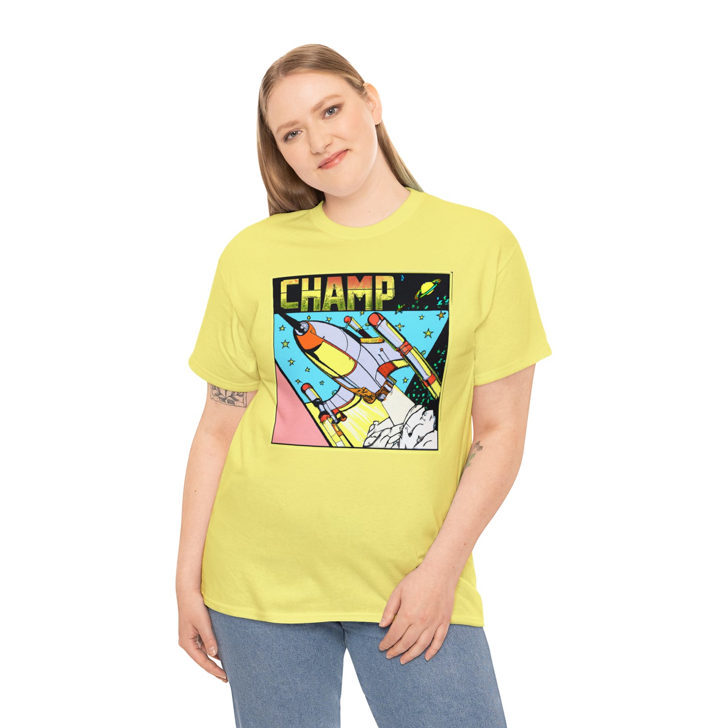 CHAMP Logo Spaceship 1 - 1980's Comic Book Style - AI Art - Gildan Heavy Cotton Tee