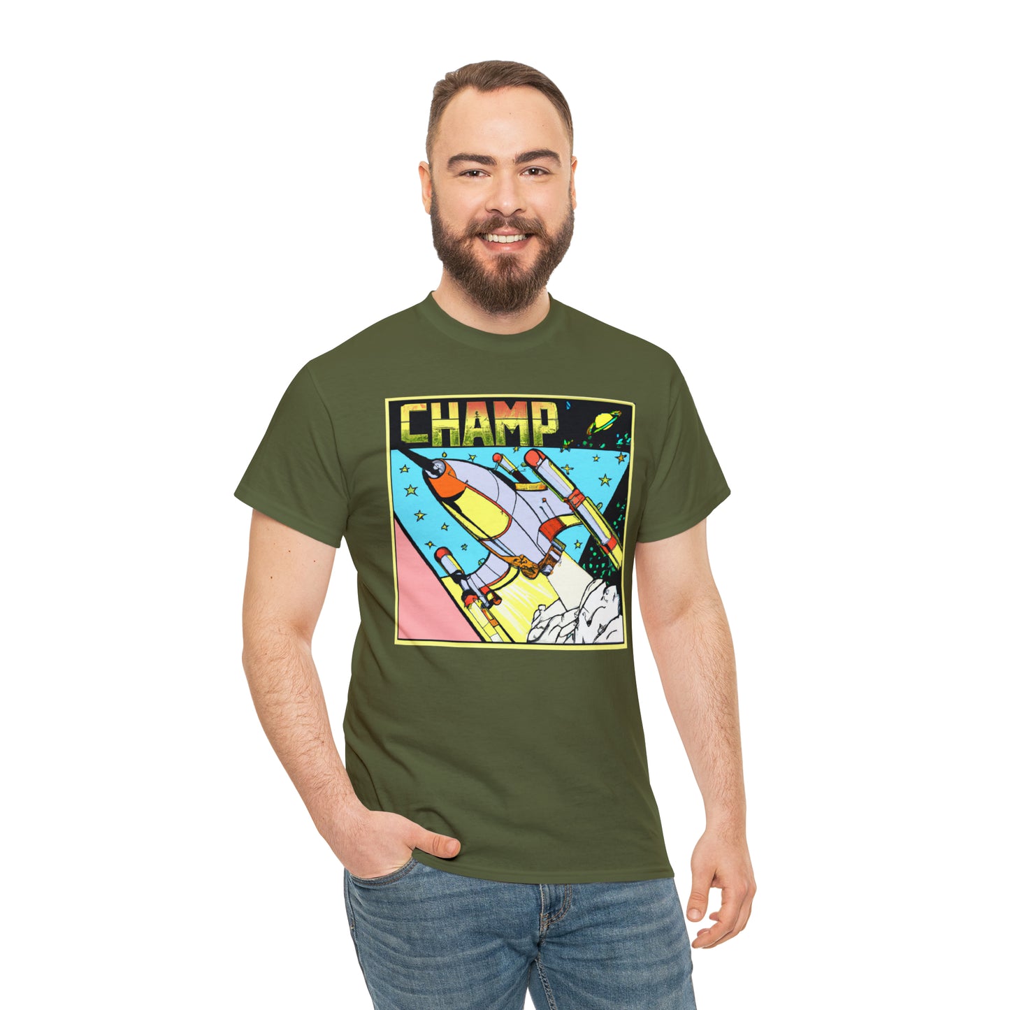 CHAMP Logo Spaceship 1 - 1980's Comic Book Style - AI Art - Gildan Heavy Cotton Tee