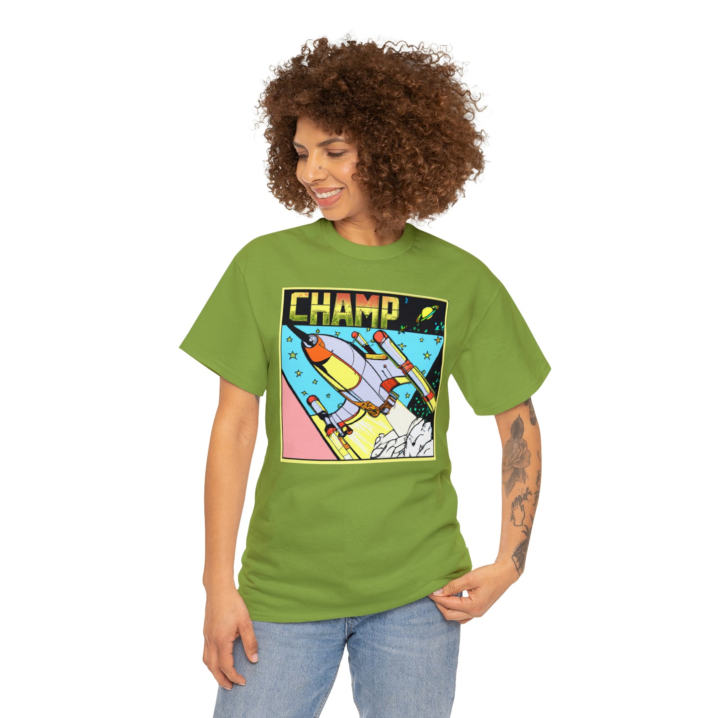 CHAMP Logo Spaceship 1 - 1980's Comic Book Style - AI Art - Gildan Heavy Cotton Tee