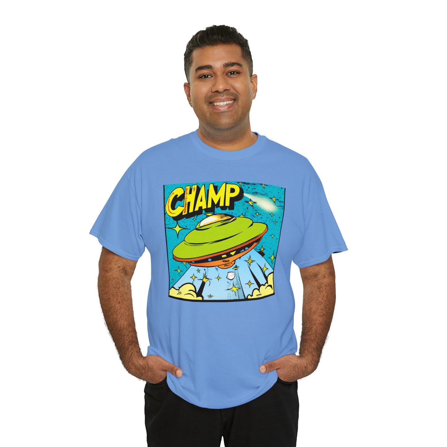 CHAMP UFO 25 - 1970's Style Comic Book Art - AI Art - Gildan Heavy Cotton Tee