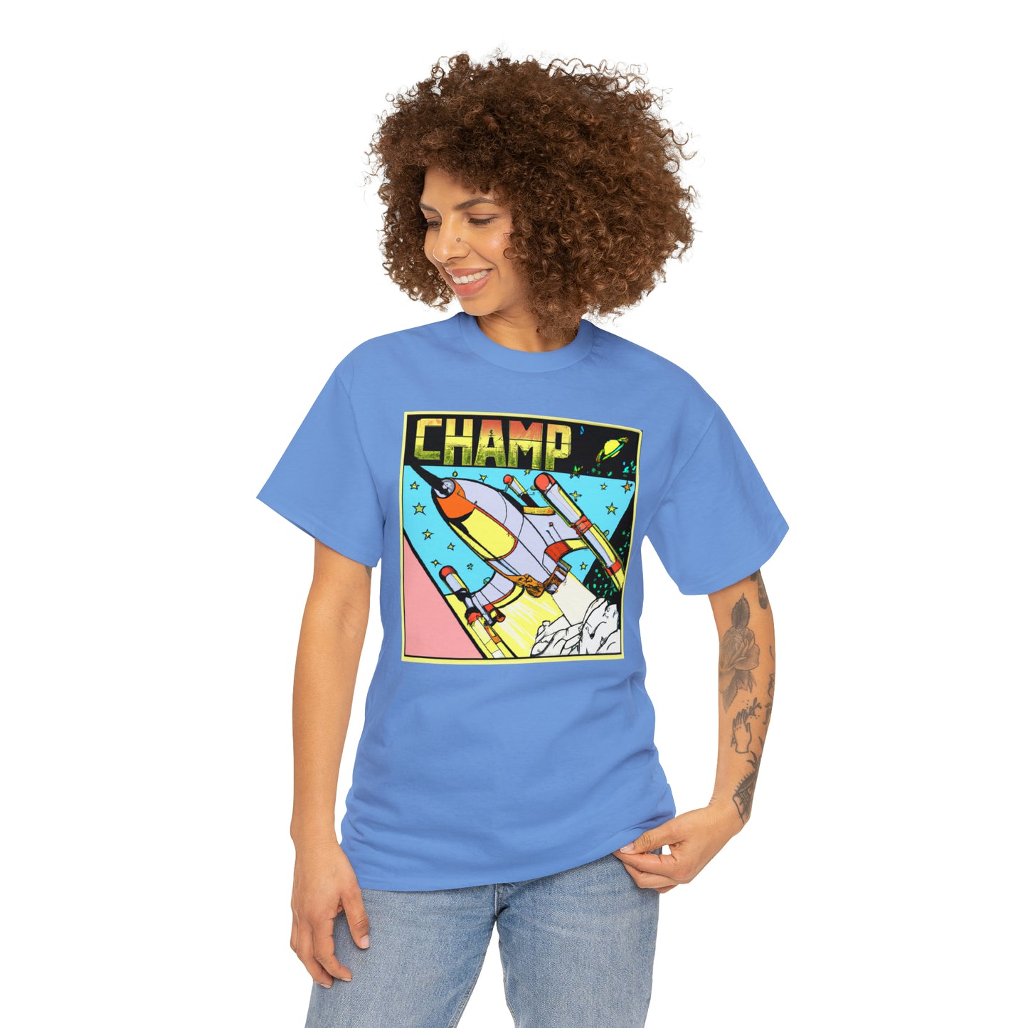 CHAMP Logo Spaceship 1 - 1980's Comic Book Style - AI Art - Gildan Heavy Cotton Tee