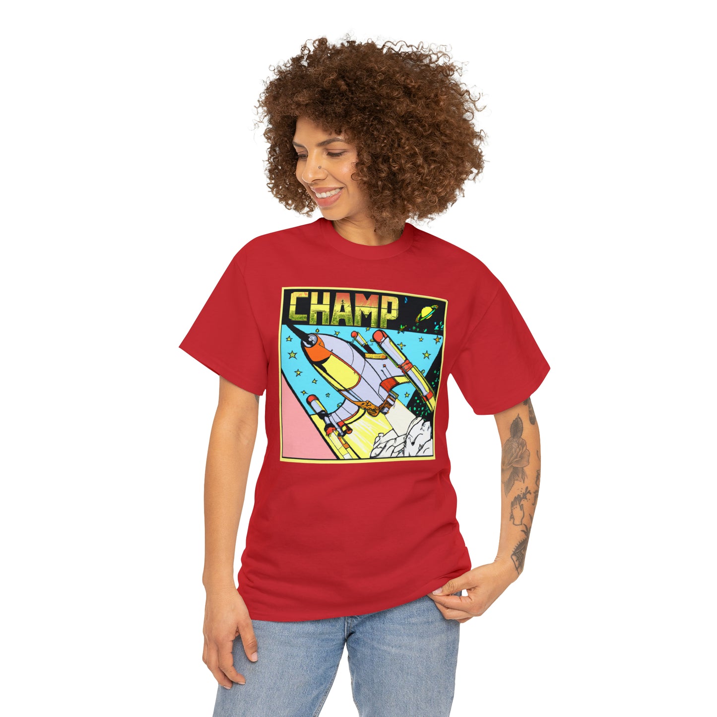 CHAMP Logo Spaceship 1 - 1980's Comic Book Style - AI Art - Gildan Heavy Cotton Tee