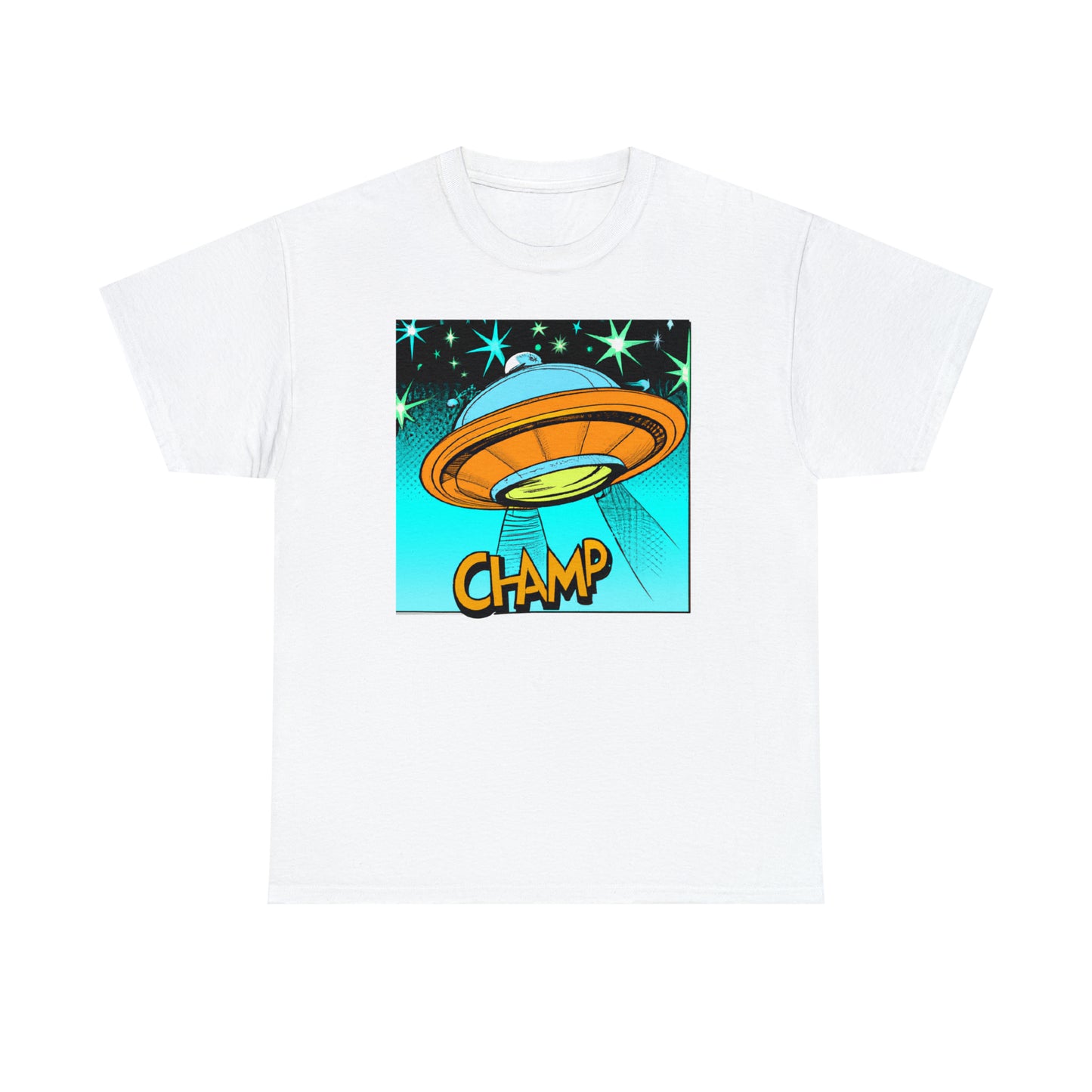 CHAMP Logo UFO 2 - 1960's Comic Book Style - AI Art - Gildan Heavy Cotton Tee