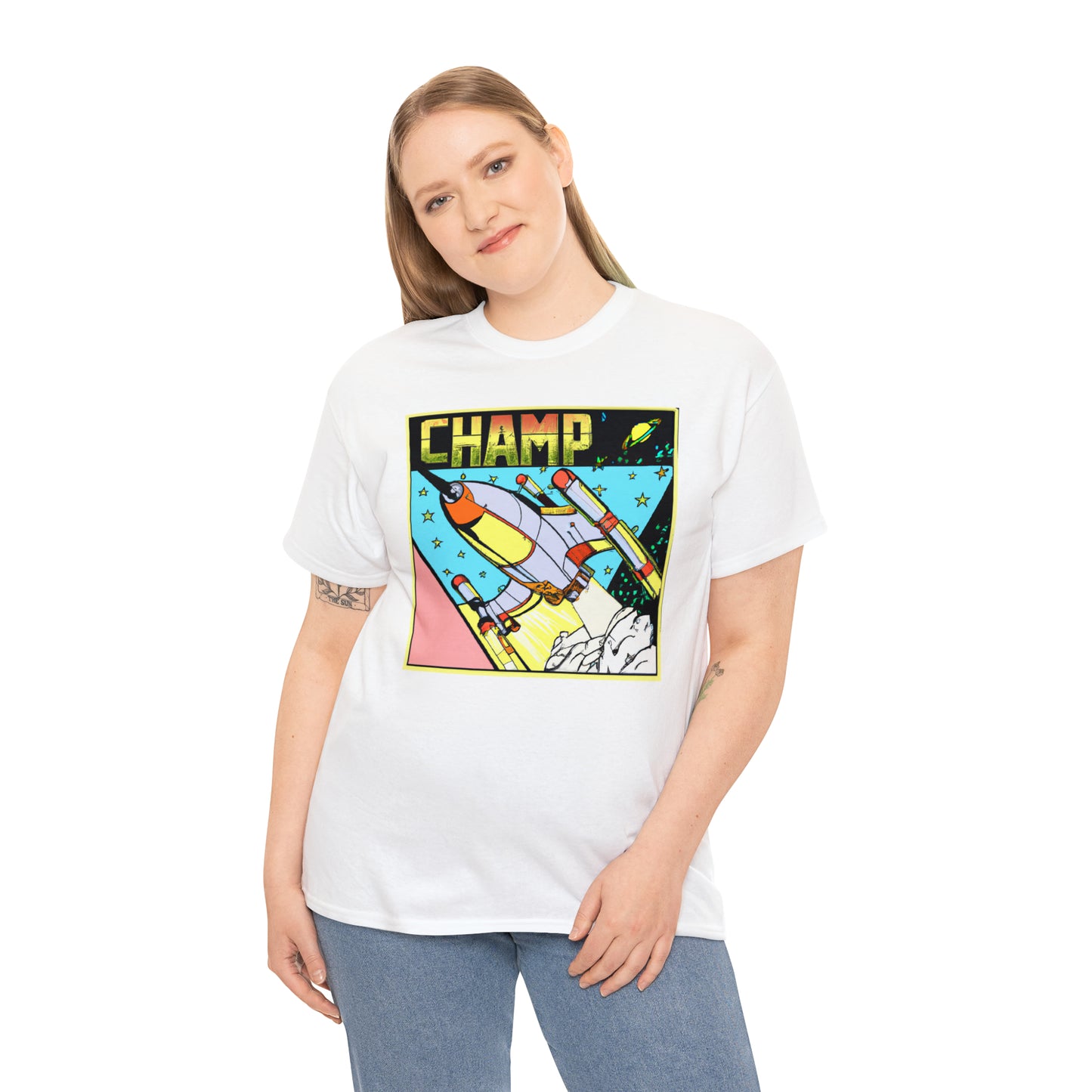 CHAMP Logo Spaceship 1 - 1980's Comic Book Style - AI Art - Gildan Heavy Cotton Tee