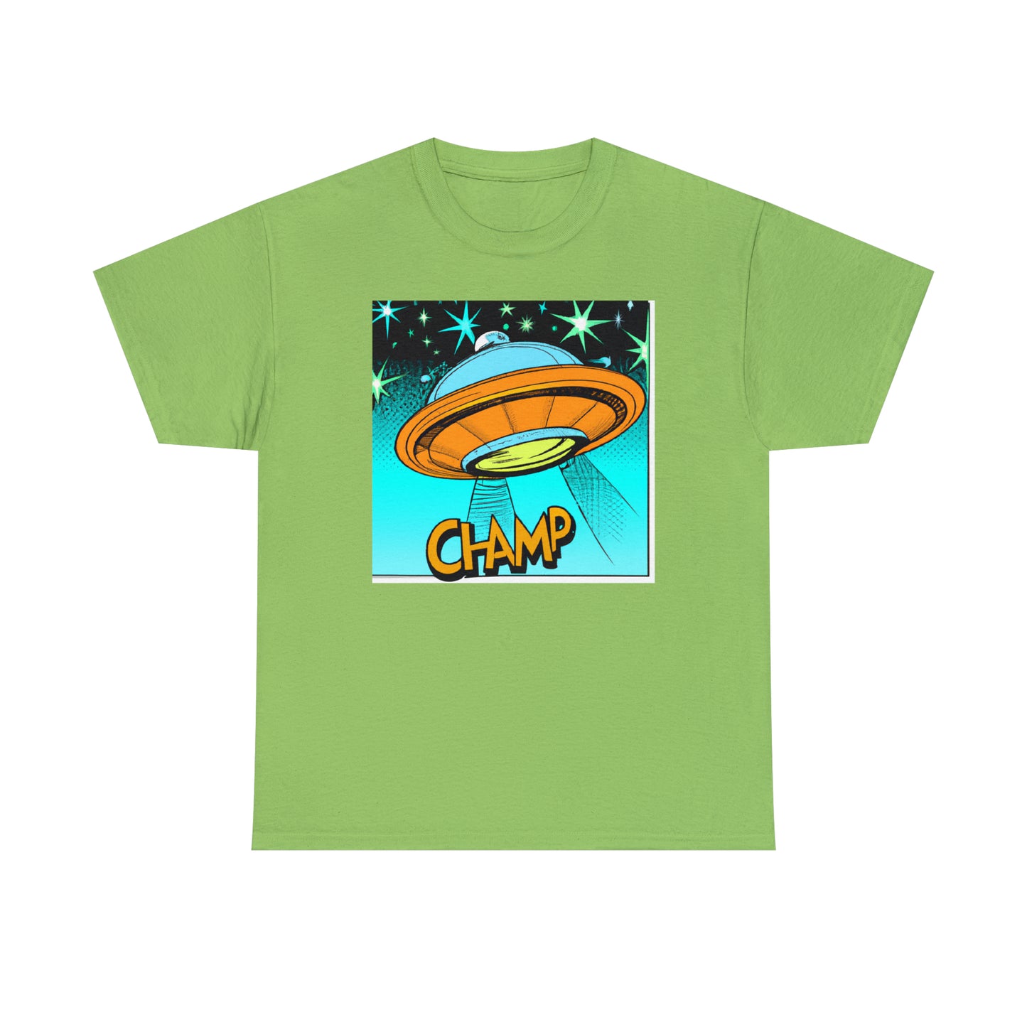 CHAMP Logo UFO 2 - 1960's Comic Book Style - AI Art - Gildan Heavy Cotton Tee