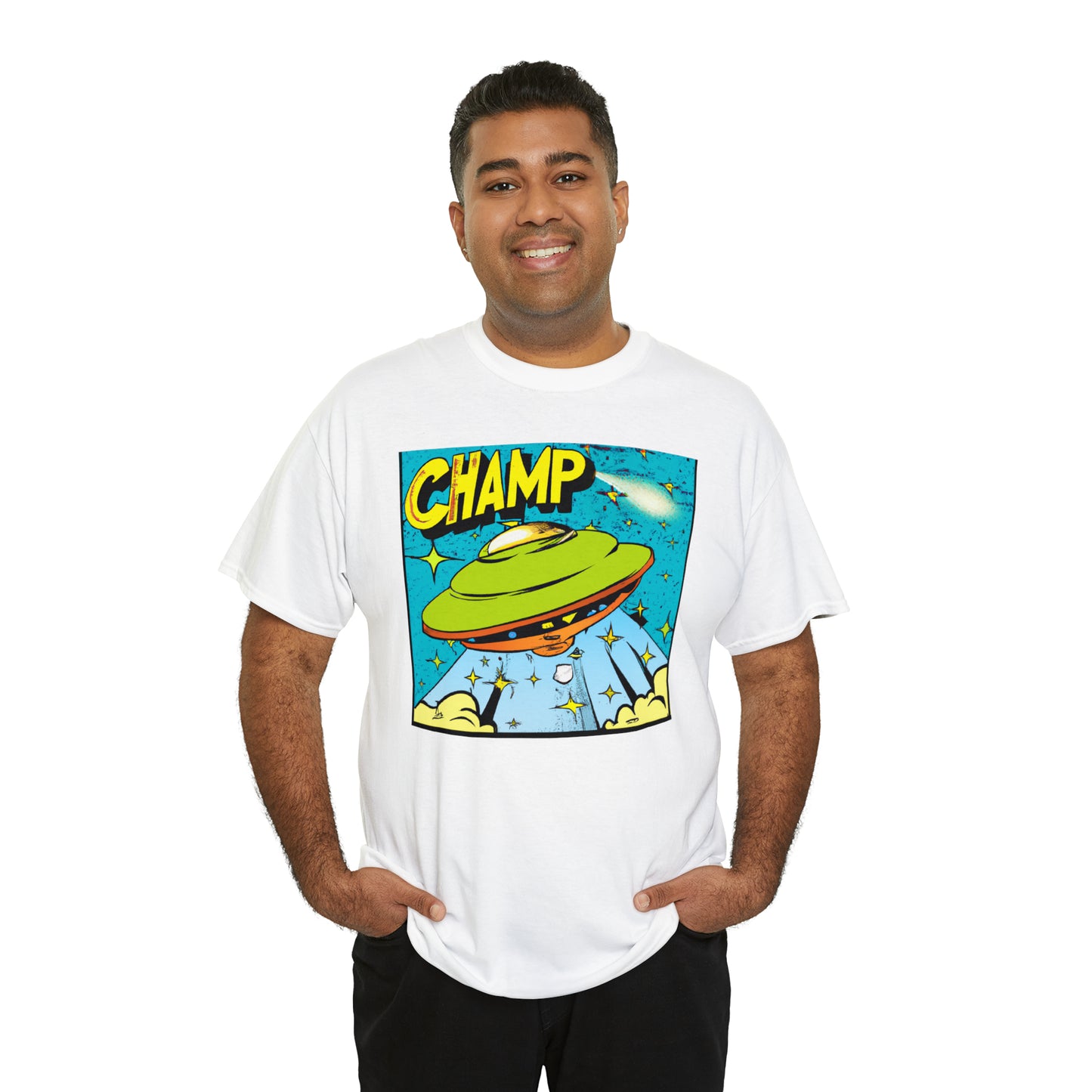 CHAMP UFO 25 - 1970's Style Comic Book Art - AI Art - Gildan Heavy Cotton Tee