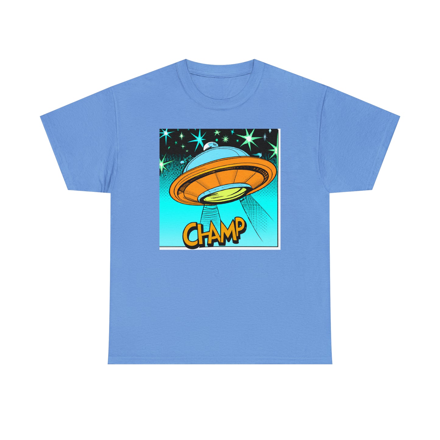 CHAMP Logo UFO 2 - 1960's Comic Book Style - AI Art - Gildan Heavy Cotton Tee