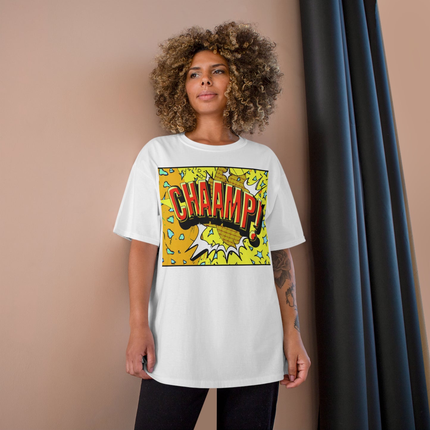 CHAAMP! Logo 1990's Comic Book Style Art - AI Art - Champion T-Shirt