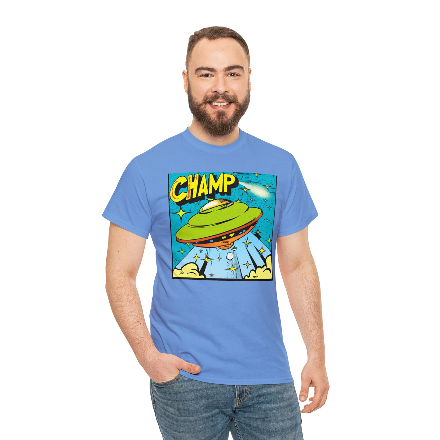 CHAMP UFO 25 - 1970's Style Comic Book Art - AI Art - Gildan Heavy Cotton Tee