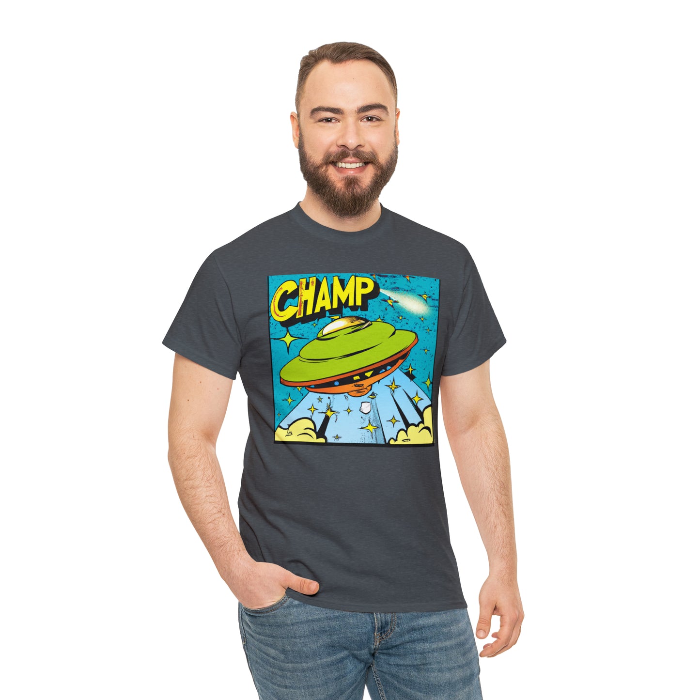 CHAMP UFO 25 - 1970's Style Comic Book Art - AI Art - Gildan Heavy Cotton Tee