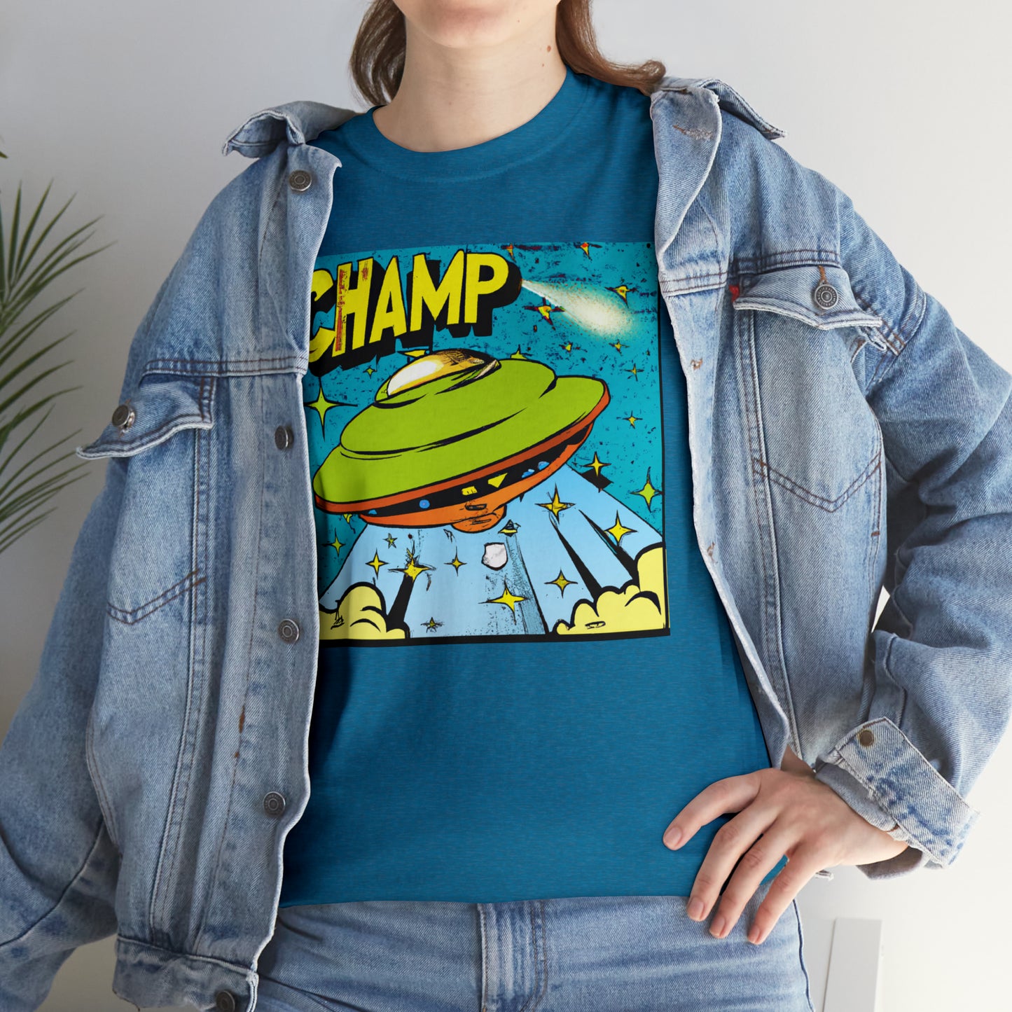 CHAMP UFO 25 - 1970's Style Comic Book Art - AI Art - Gildan Heavy Cotton Tee