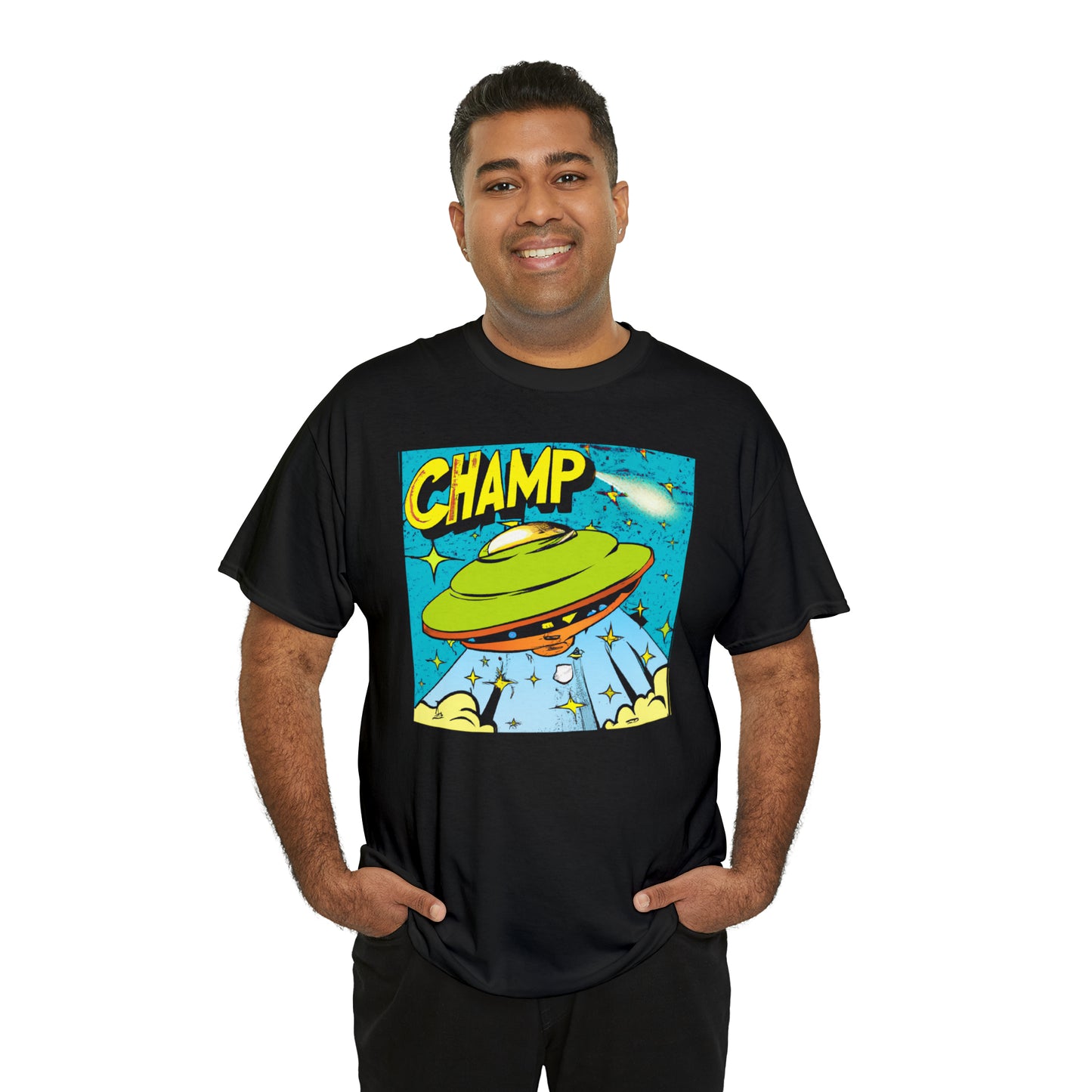 CHAMP UFO 25 - 1970's Style Comic Book Art - AI Art - Gildan Heavy Cotton Tee