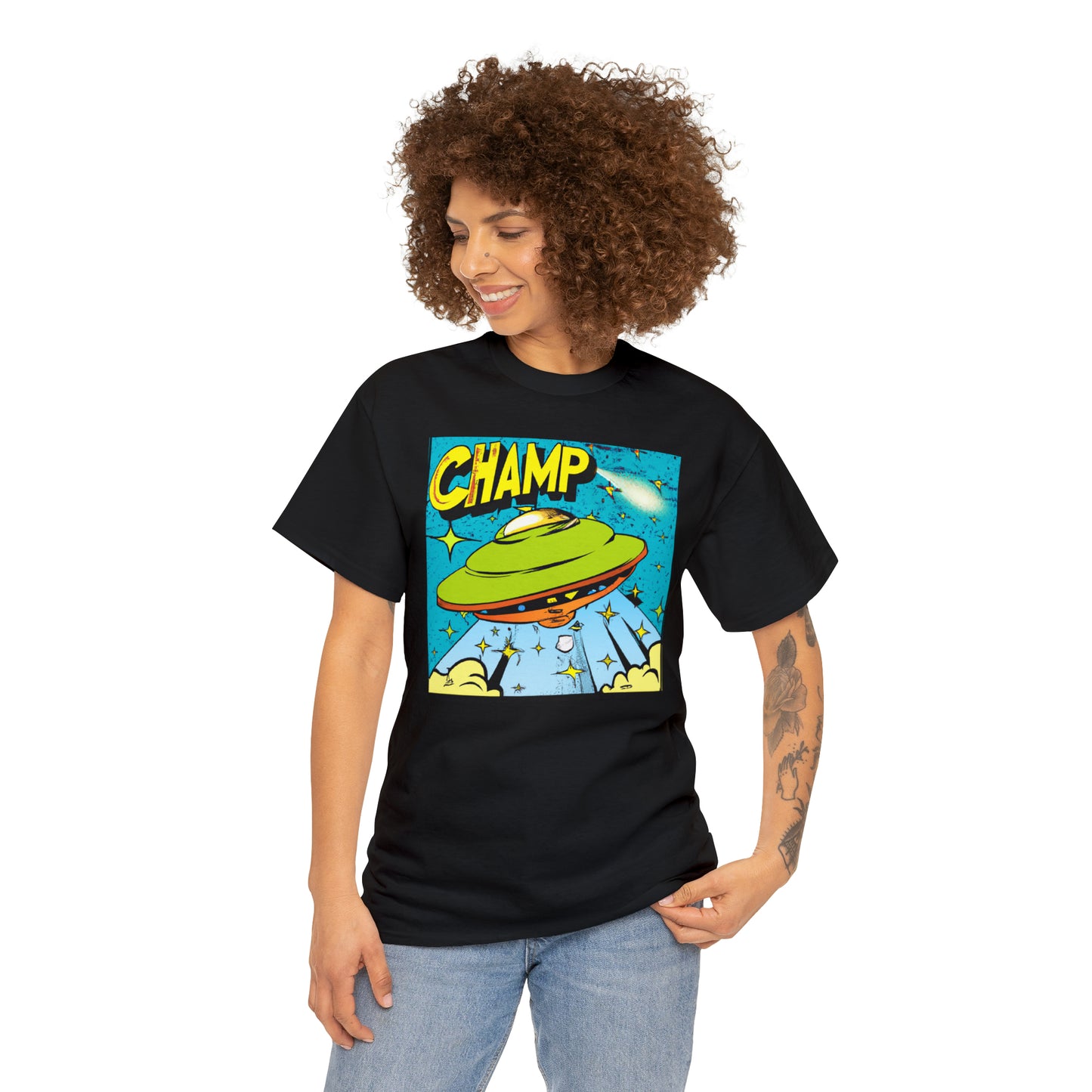 CHAMP UFO 25 - 1970's Style Comic Book Art - AI Art - Gildan Heavy Cotton Tee