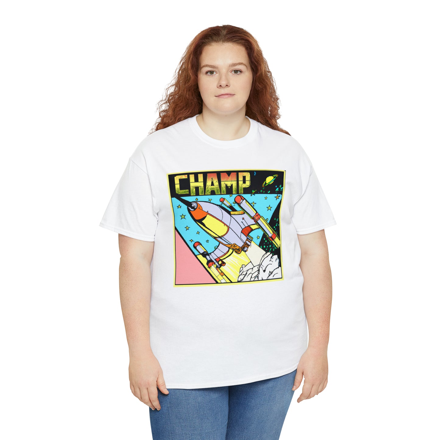 CHAMP Logo Spaceship 1 - 1980's Comic Book Style - AI Art - Gildan Heavy Cotton Tee