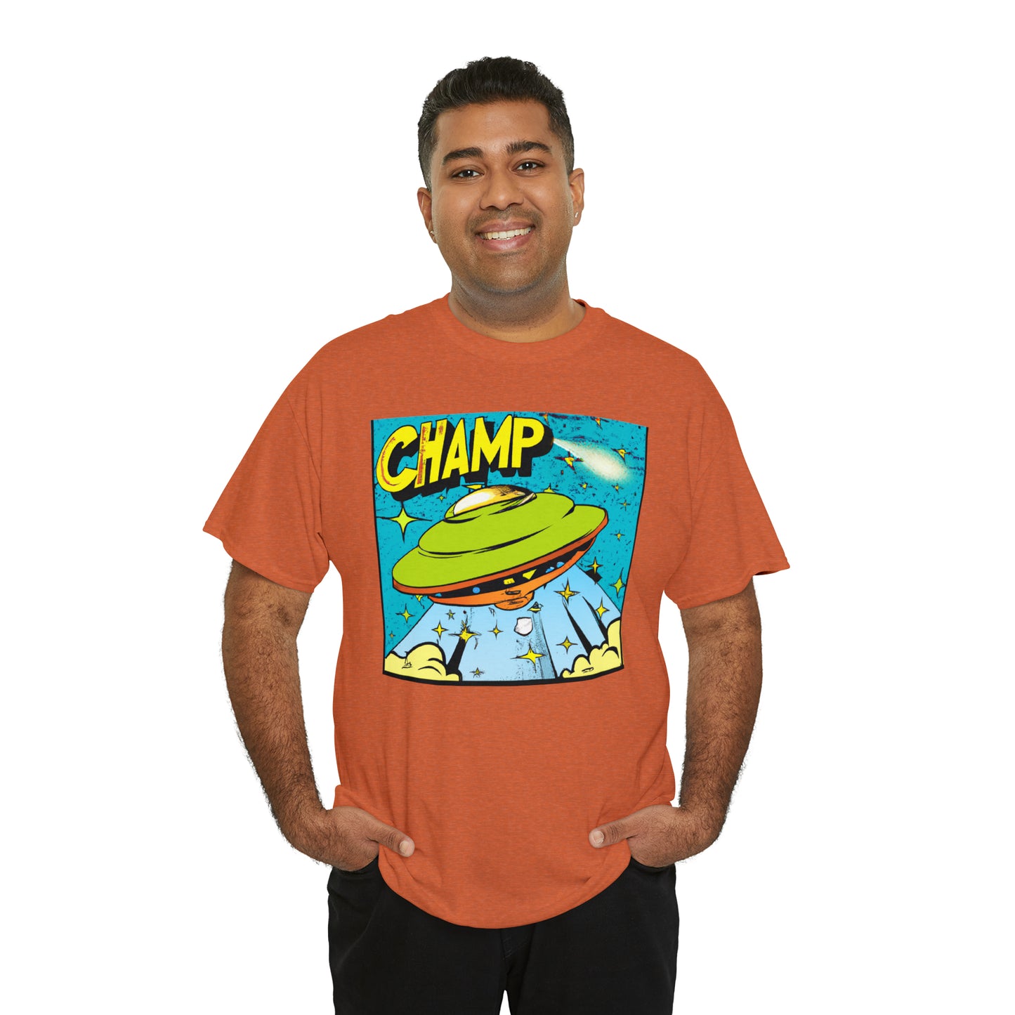 CHAMP UFO 25 - 1970's Style Comic Book Art - AI Art - Gildan Heavy Cotton Tee