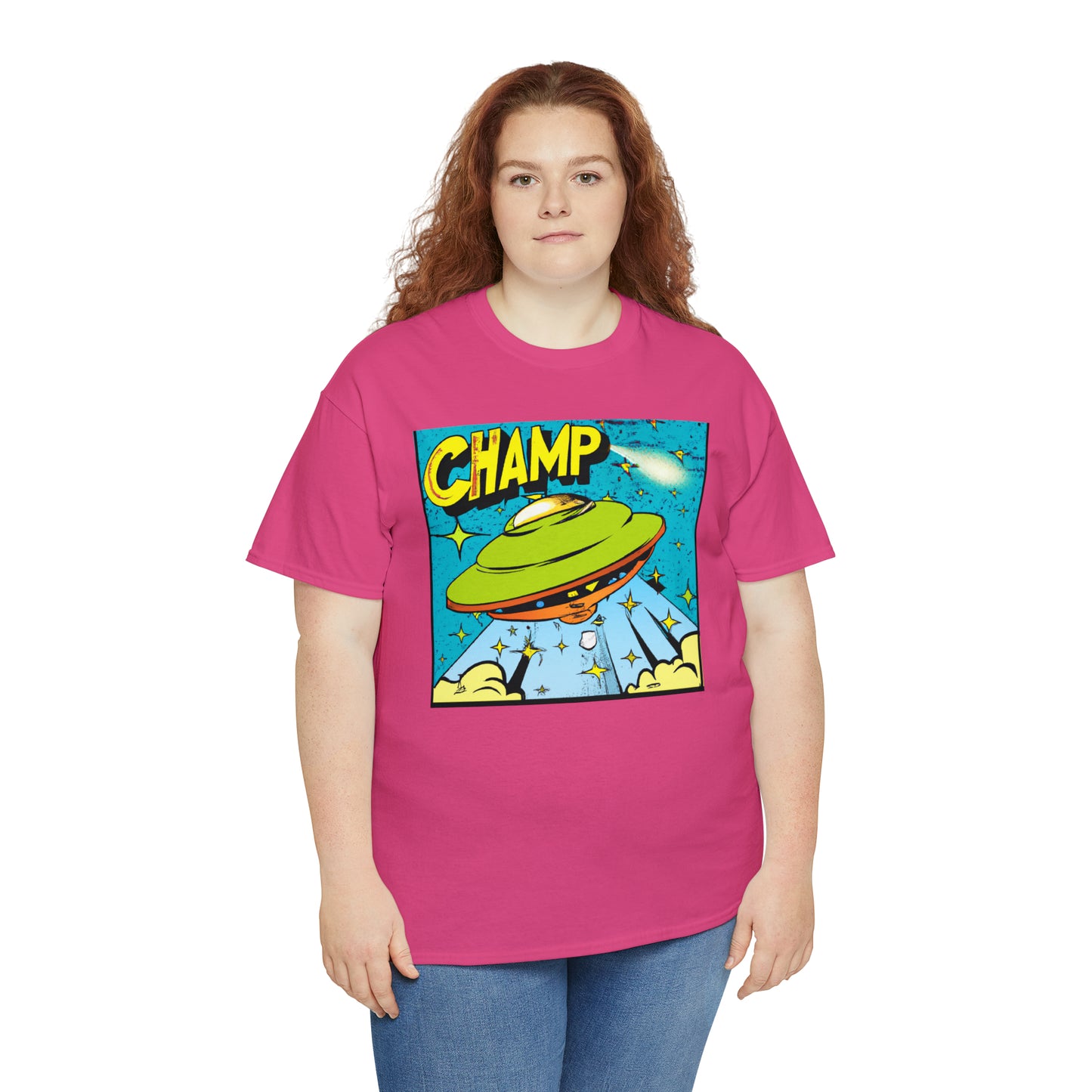 CHAMP UFO 25 - 1970's Style Comic Book Art - AI Art - Gildan Heavy Cotton Tee