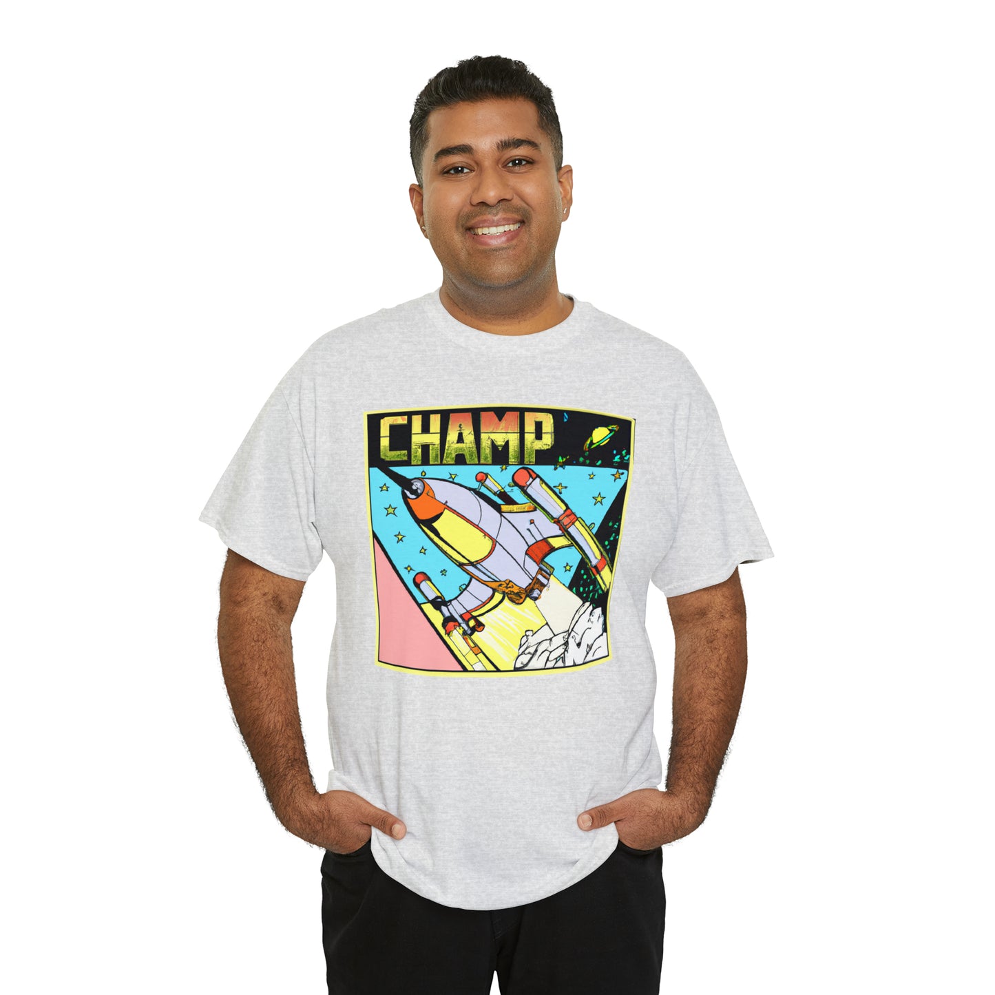 CHAMP Logo Spaceship 1 - 1980's Comic Book Style - AI Art - Gildan Heavy Cotton Tee