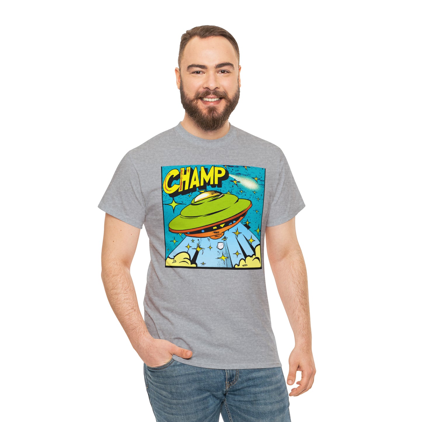 CHAMP UFO 25 - 1970's Style Comic Book Art - AI Art - Gildan Heavy Cotton Tee