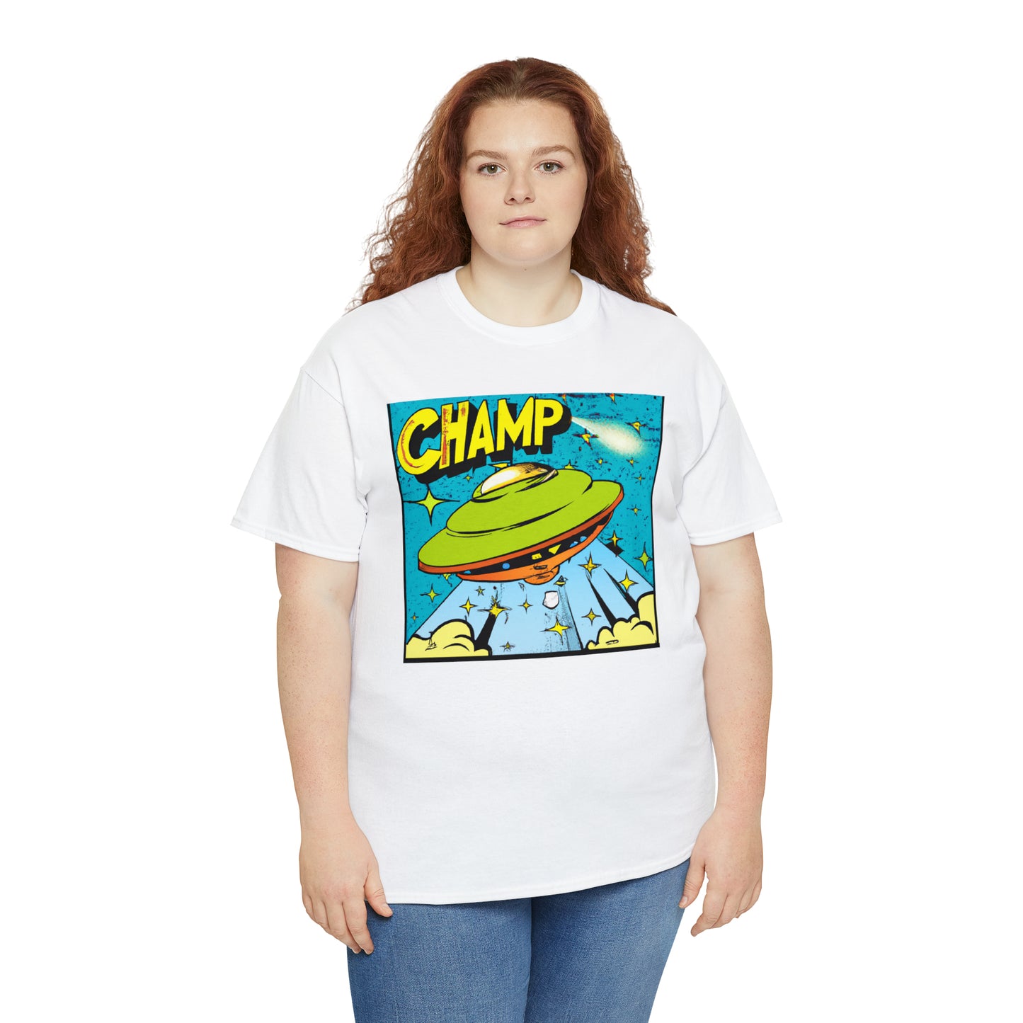 CHAMP UFO 25 - 1970's Style Comic Book Art - AI Art - Gildan Heavy Cotton Tee