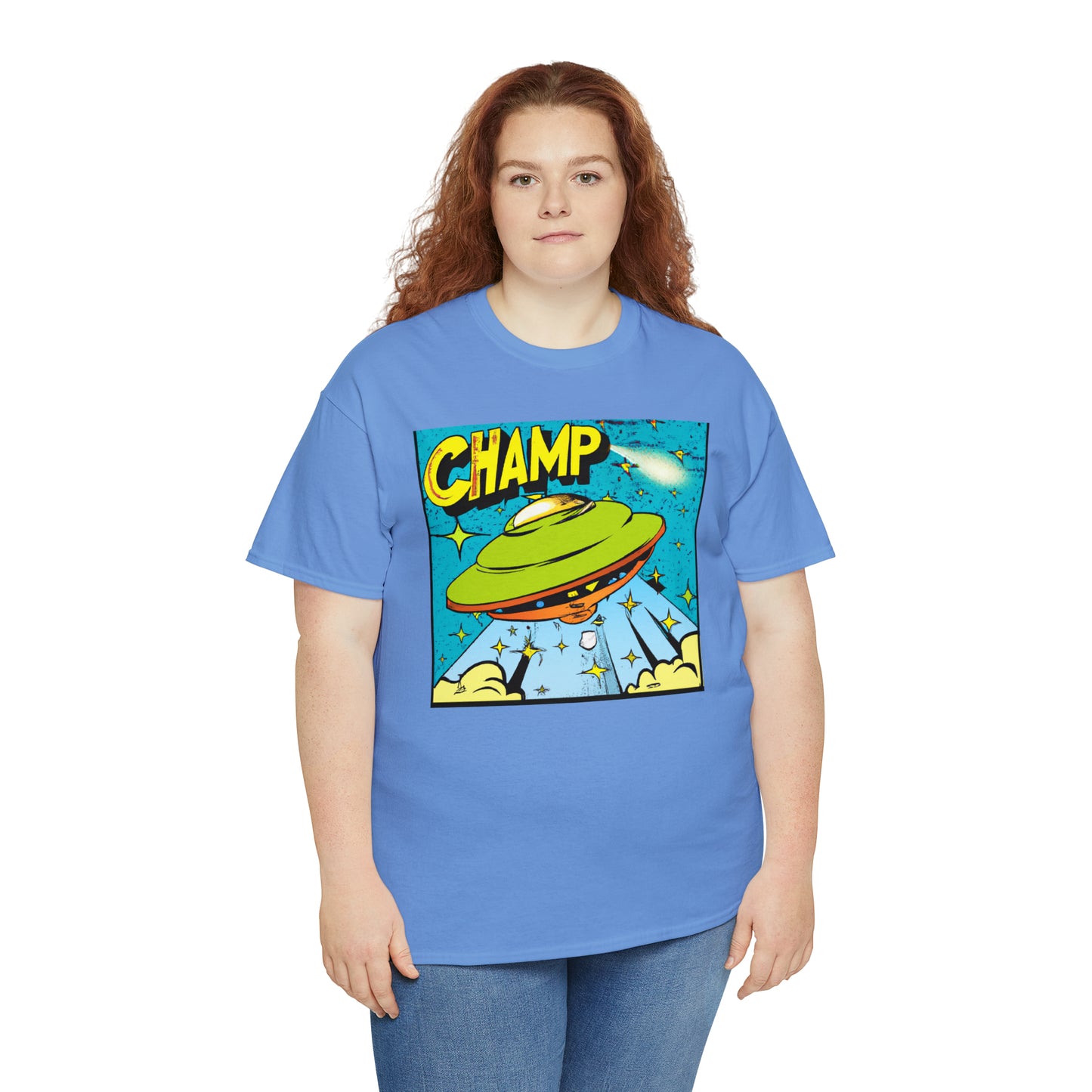 CHAMP UFO 25 - 1970's Style Comic Book Art - AI Art - Gildan Heavy Cotton Tee