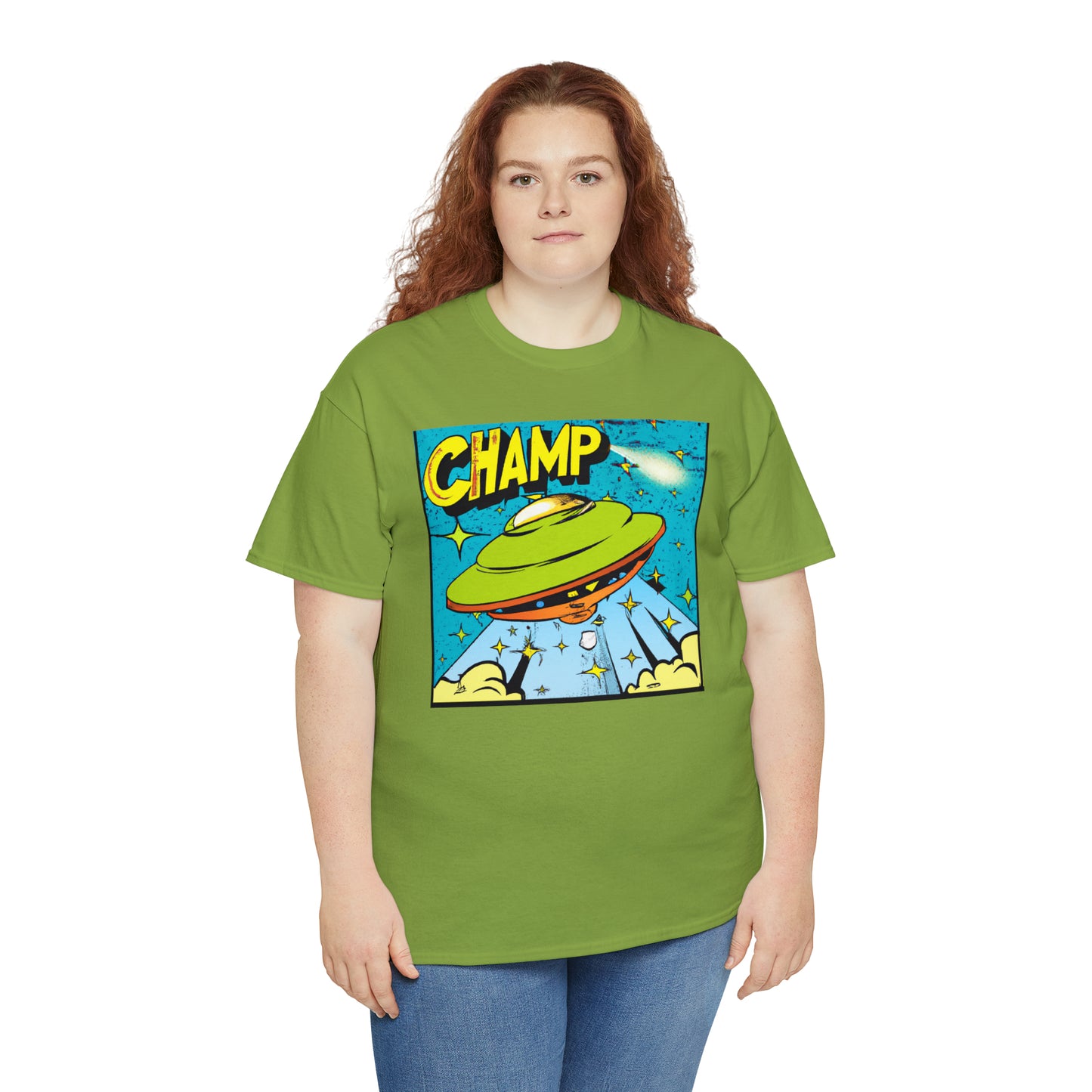 CHAMP UFO 25 - 1970's Style Comic Book Art - AI Art - Gildan Heavy Cotton Tee