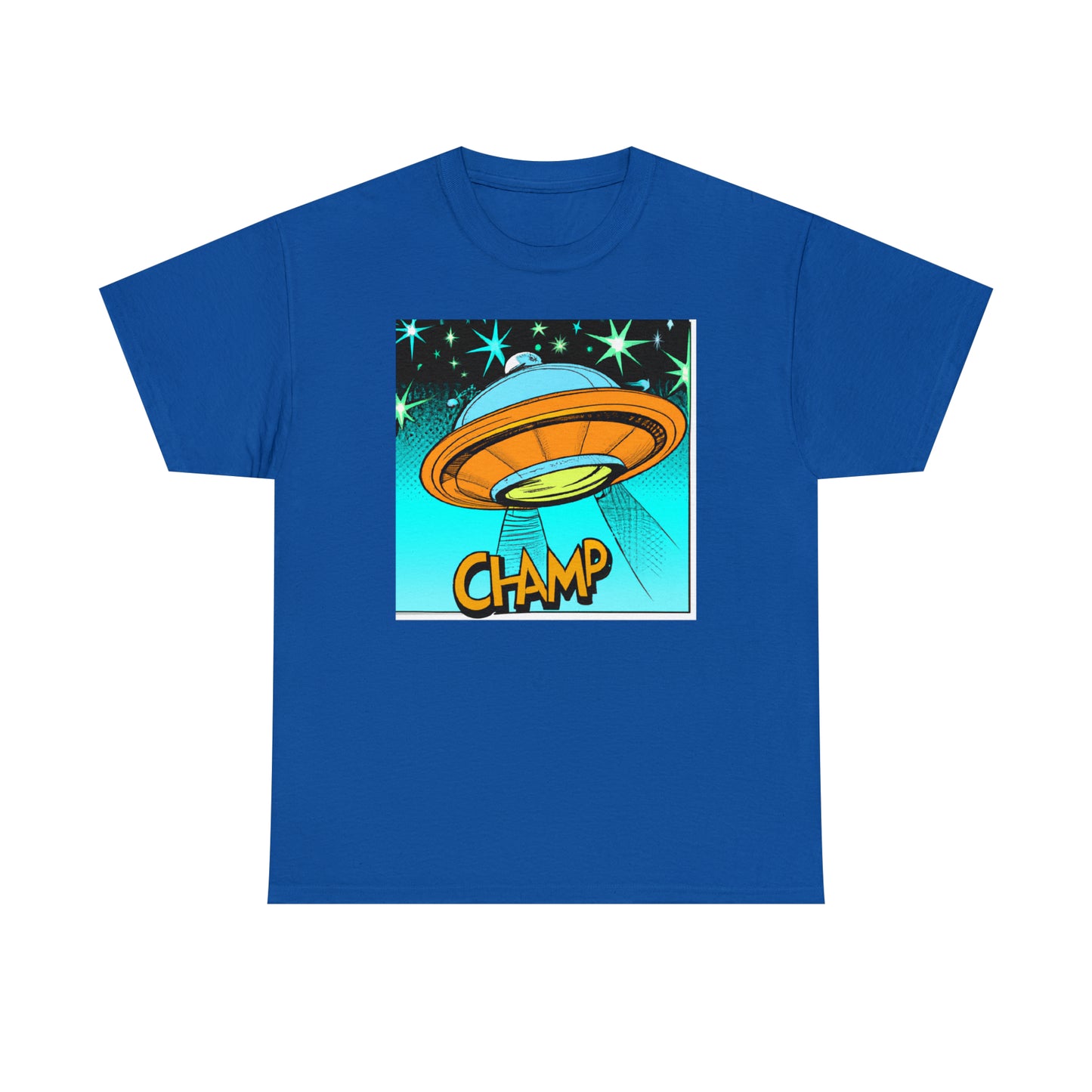 CHAMP Logo UFO 2 - 1960's Comic Book Style - AI Art - Gildan Heavy Cotton Tee