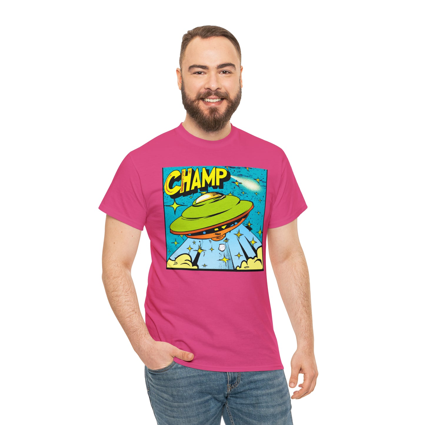 CHAMP UFO 25 - 1970's Style Comic Book Art - AI Art - Gildan Heavy Cotton Tee