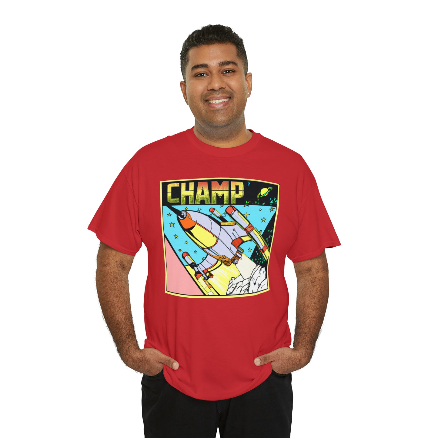 CHAMP Logo Spaceship 1 - 1980's Comic Book Style - AI Art - Gildan Heavy Cotton Tee