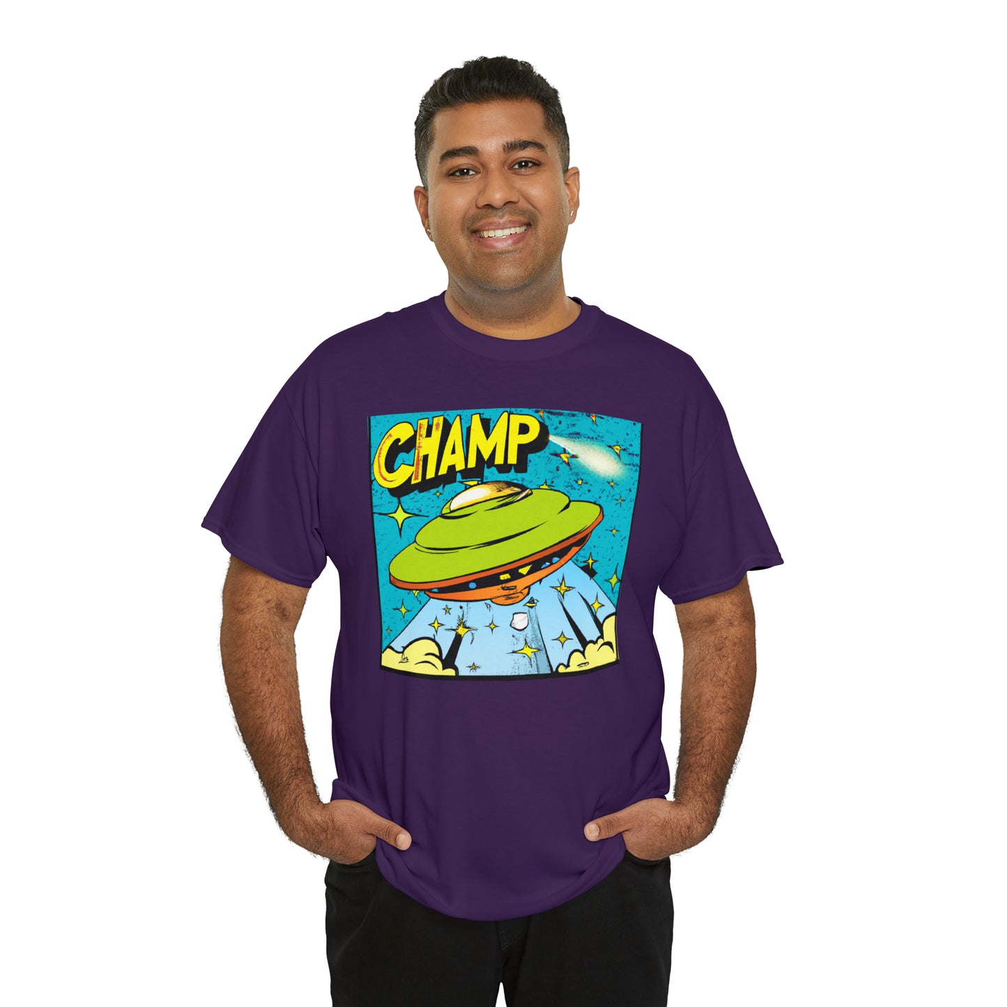 CHAMP UFO 25 - 1970's Style Comic Book Art - AI Art - Gildan Heavy Cotton Tee