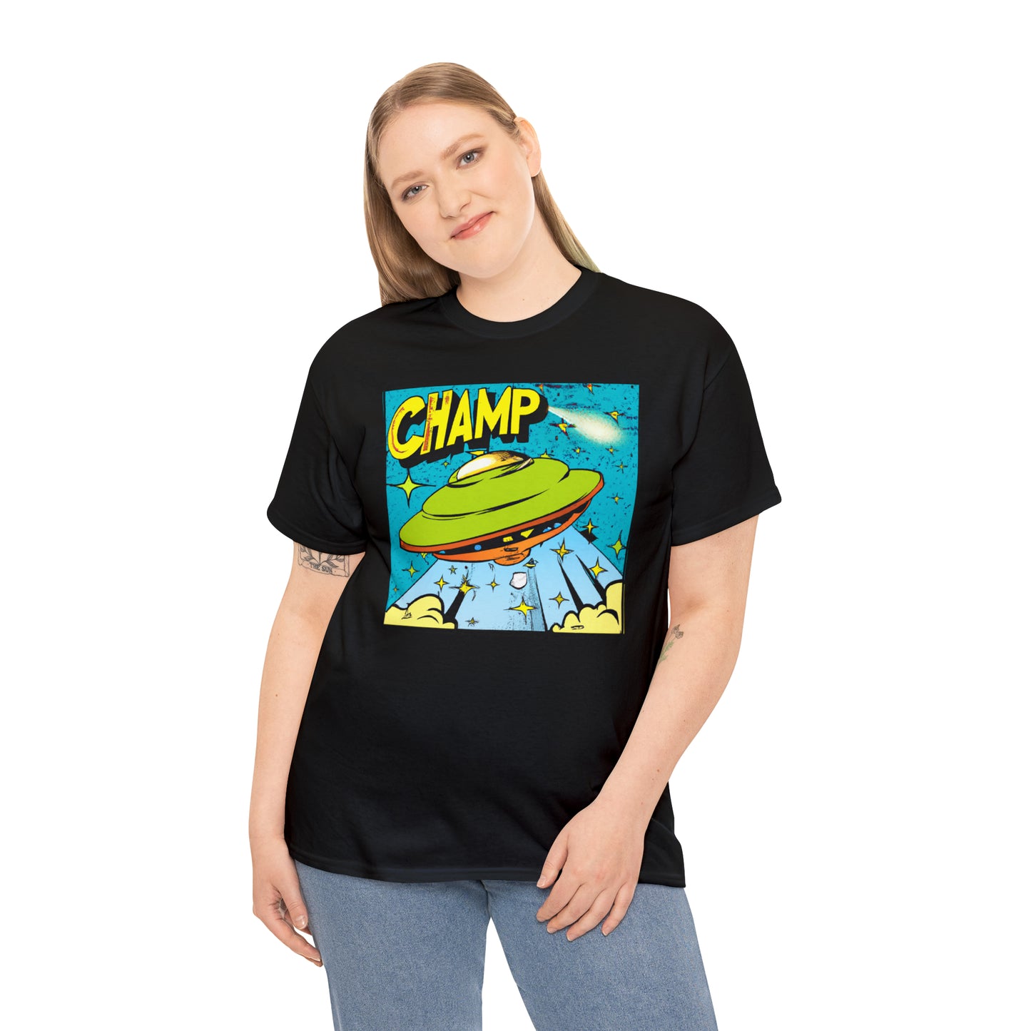 CHAMP UFO 25 - 1970's Style Comic Book Art - AI Art - Gildan Heavy Cotton Tee