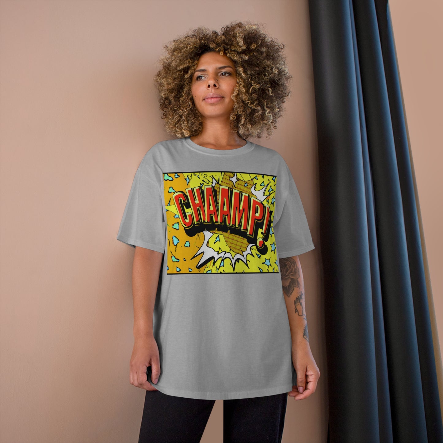 CHAAMP! Logo 1990's Comic Book Style Art - AI Art - Champion T-Shirt