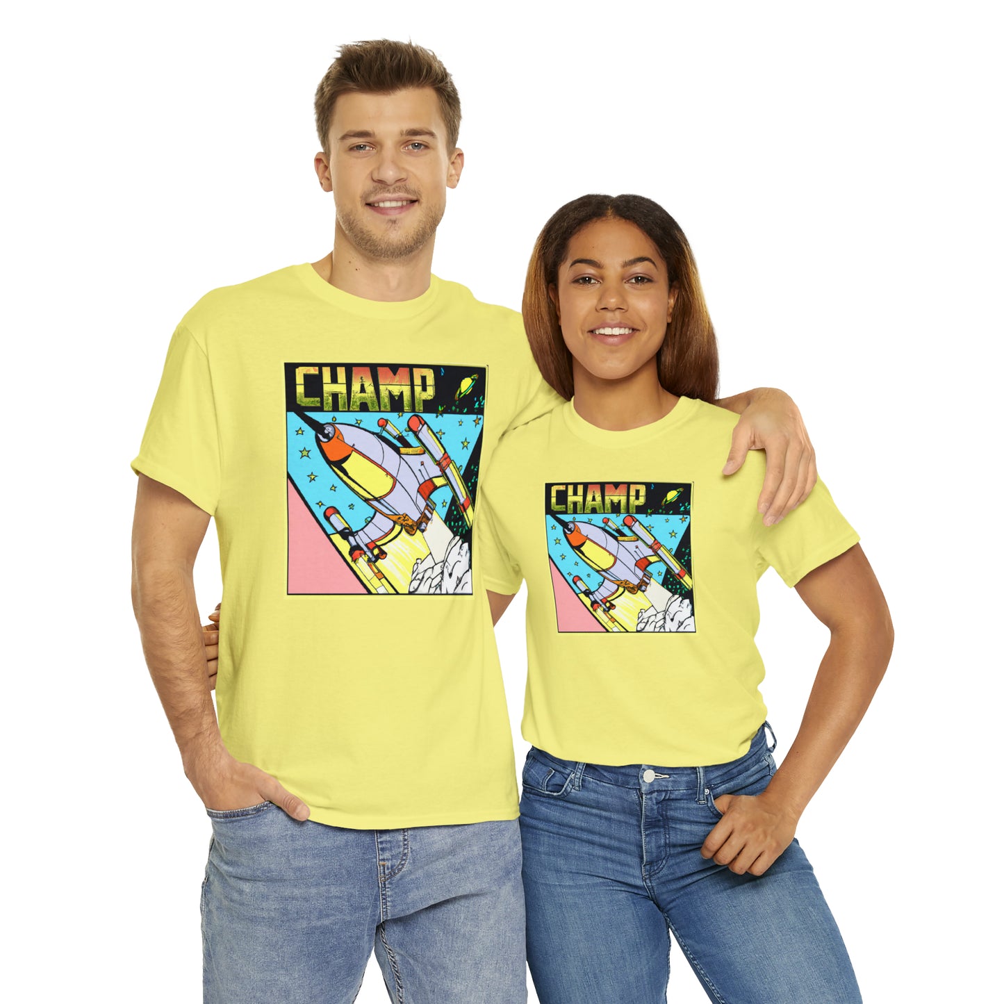 CHAMP Logo Spaceship 1 - 1980's Comic Book Style - AI Art - Gildan Heavy Cotton Tee