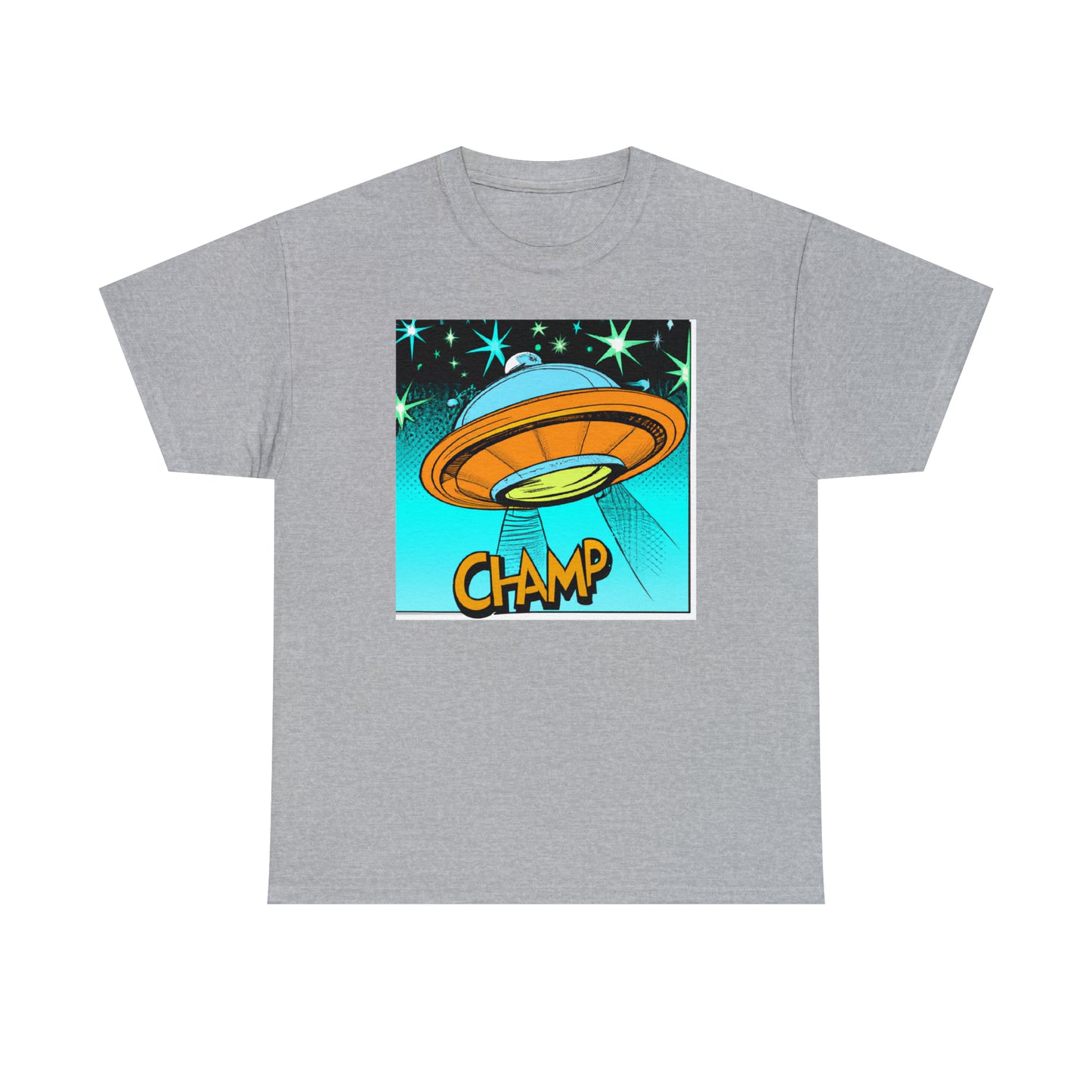 CHAMP Logo UFO 2 - 1960's Comic Book Style - AI Art - Gildan Heavy Cotton Tee