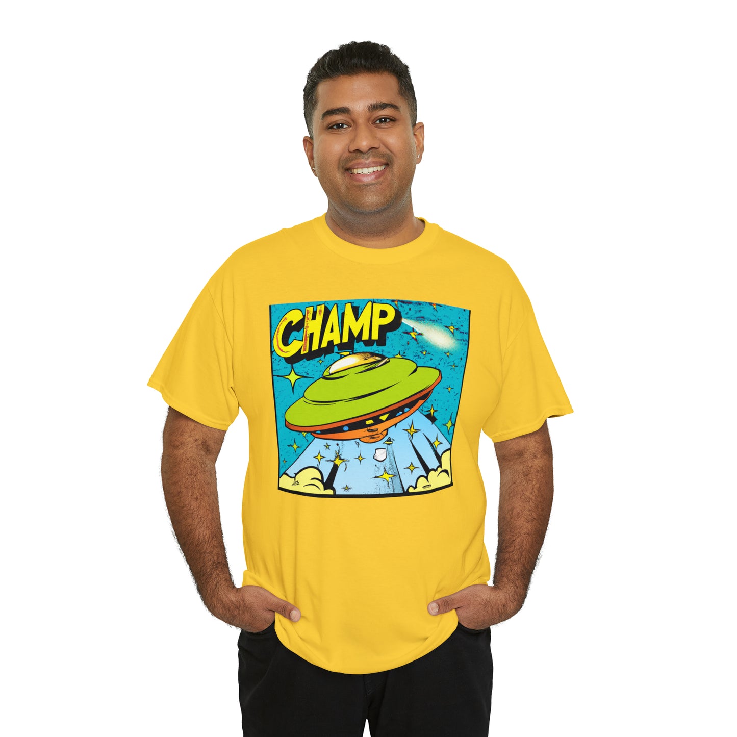 CHAMP UFO 25 - 1970's Style Comic Book Art - AI Art - Gildan Heavy Cotton Tee