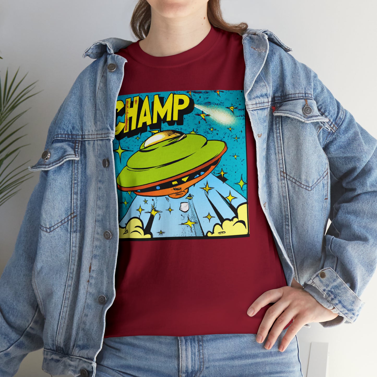 CHAMP UFO 25 - 1970's Style Comic Book Art - AI Art - Gildan Heavy Cotton Tee