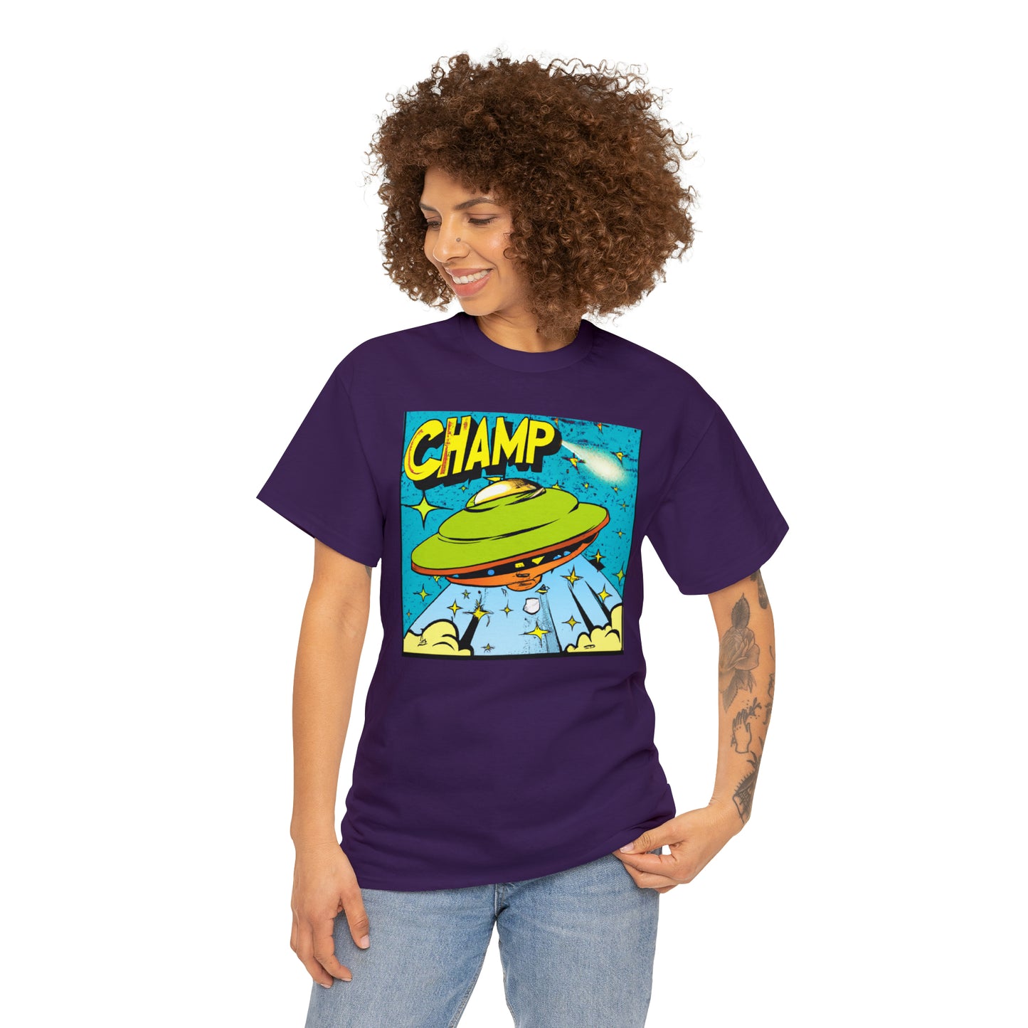 CHAMP UFO 25 - 1970's Style Comic Book Art - AI Art - Gildan Heavy Cotton Tee