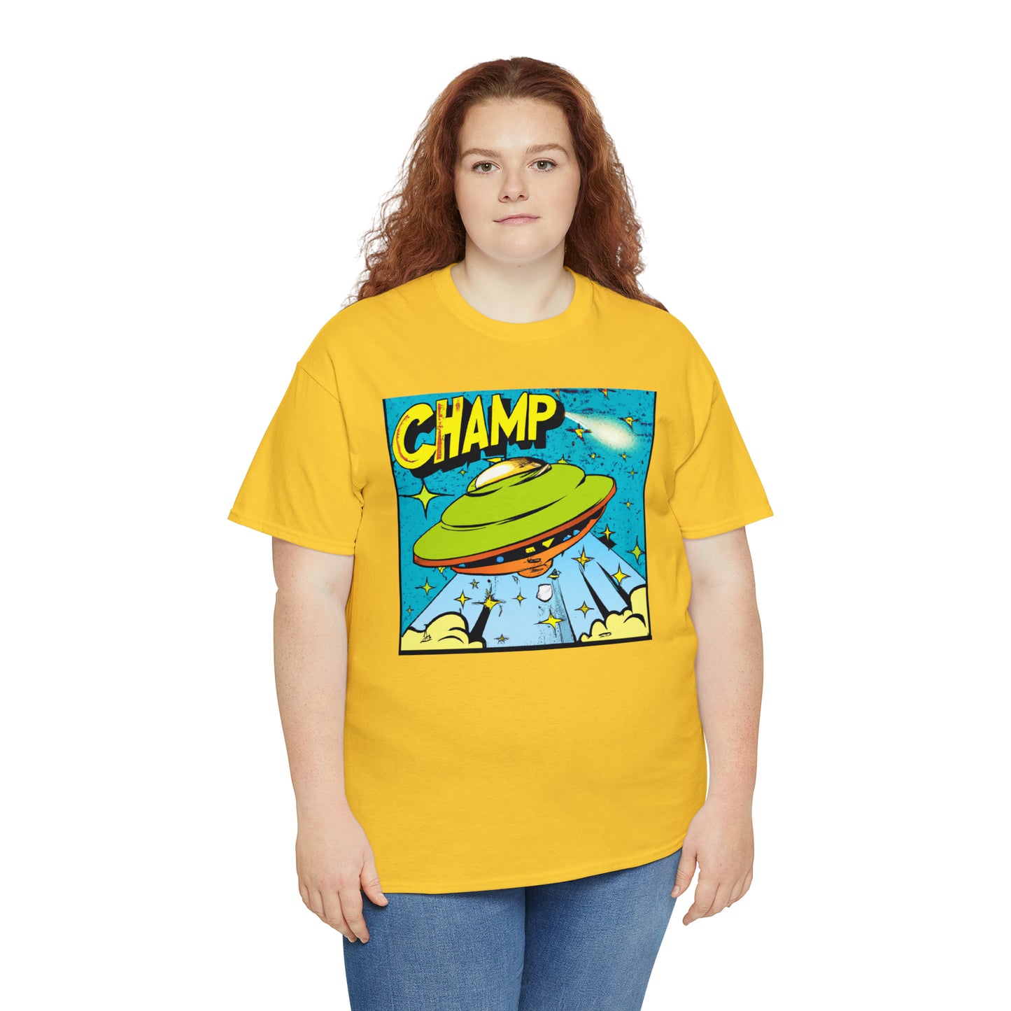 CHAMP UFO 25 - 1970's Style Comic Book Art - AI Art - Gildan Heavy Cotton Tee