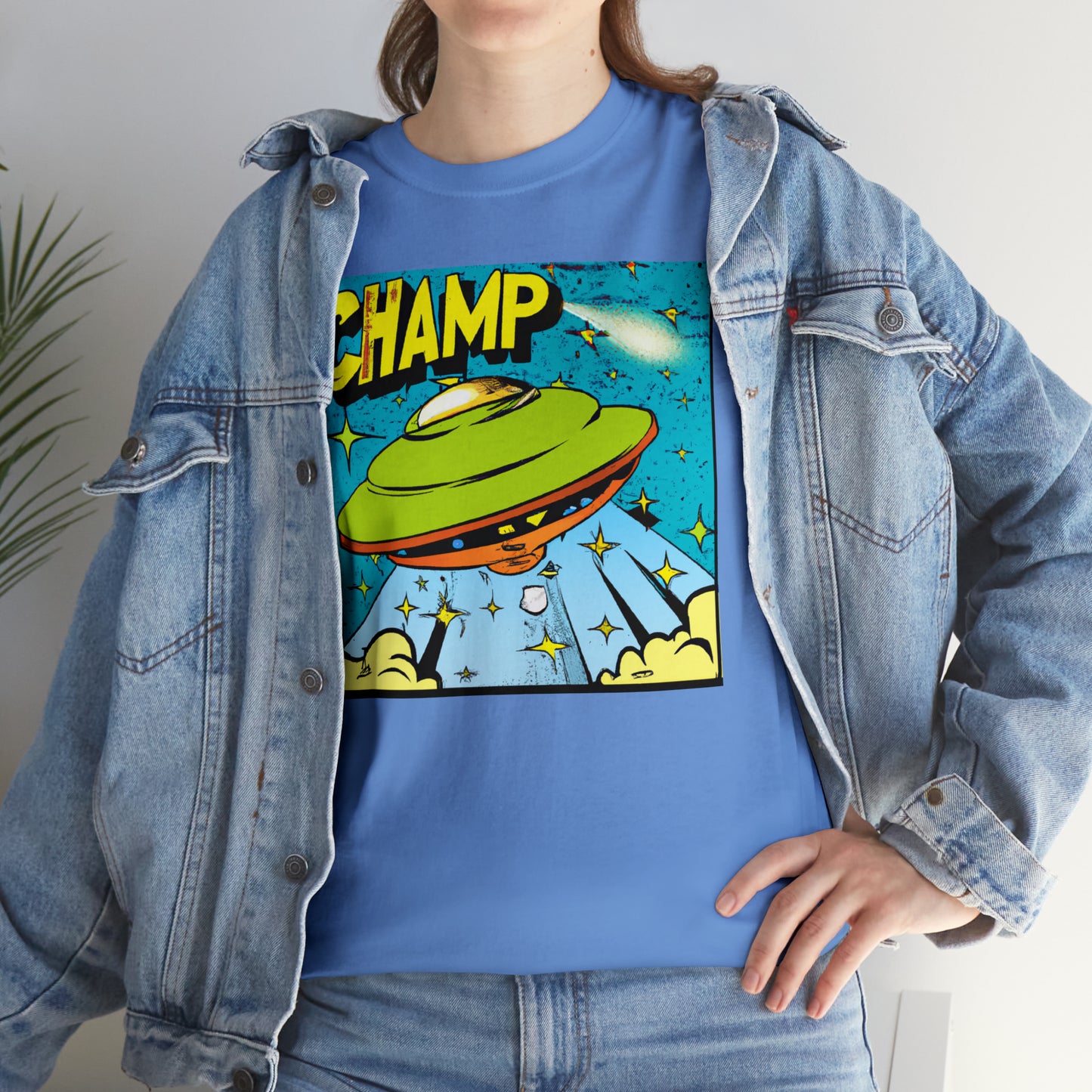 CHAMP UFO 25 - 1970's Style Comic Book Art - AI Art - Gildan Heavy Cotton Tee