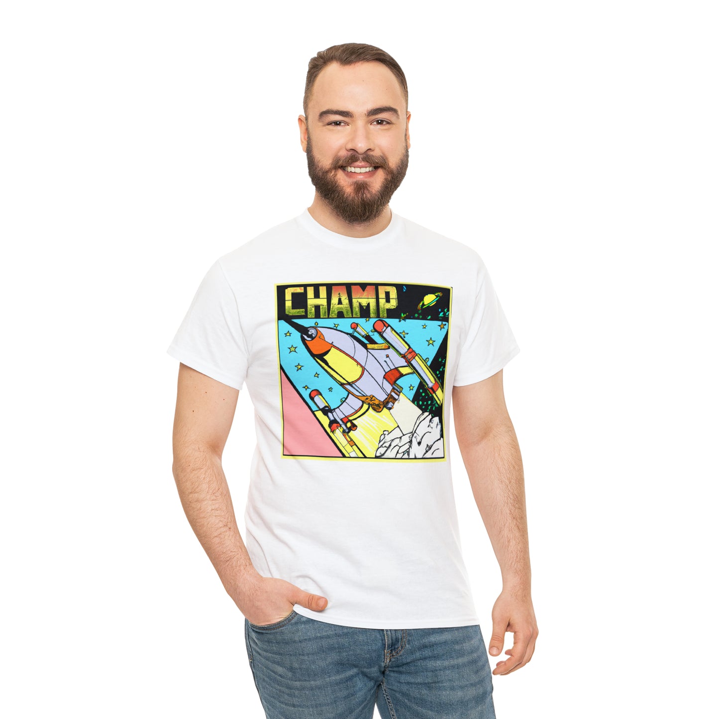 CHAMP Logo Spaceship 1 - 1980's Comic Book Style - AI Art - Gildan Heavy Cotton Tee