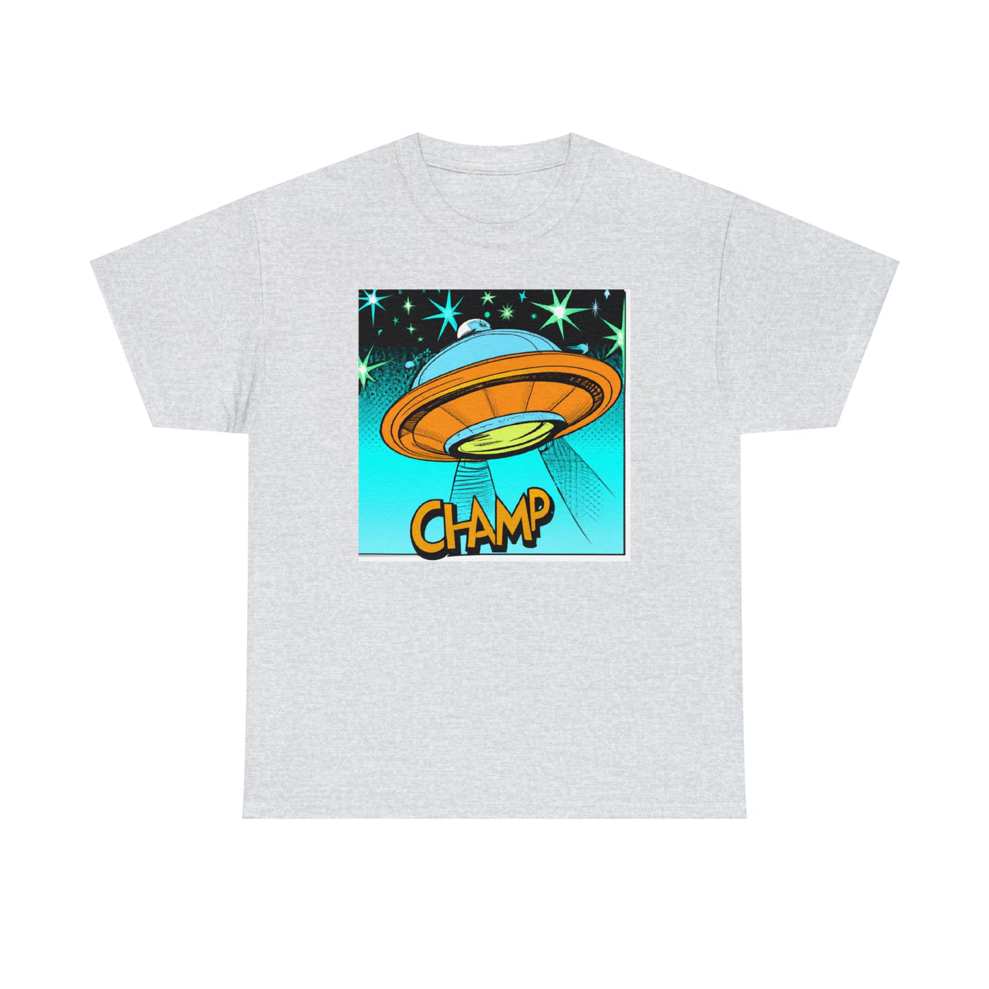 CHAMP Logo UFO 2 - 1960's Comic Book Style - AI Art - Gildan Heavy Cotton Tee